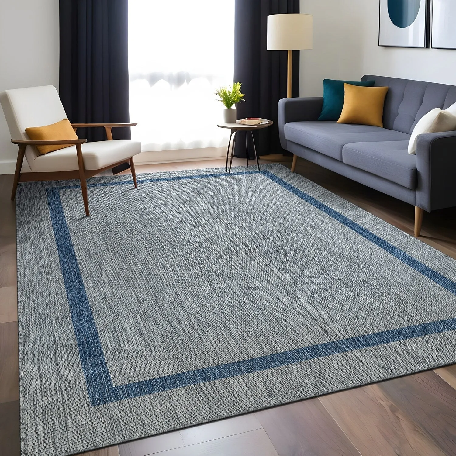 Beverly Rug Modern Bordered Indoor Outdoor Rug. Outside Carpet for Patio. Deck. Porch