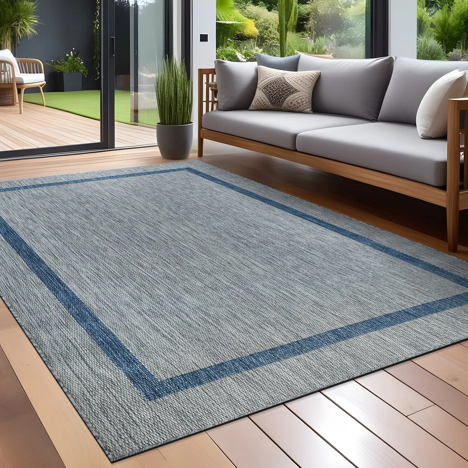 Beverly Rug Modern Bordered Indoor Outdoor Rug. Outside Carpet for Patio. Deck. Porch