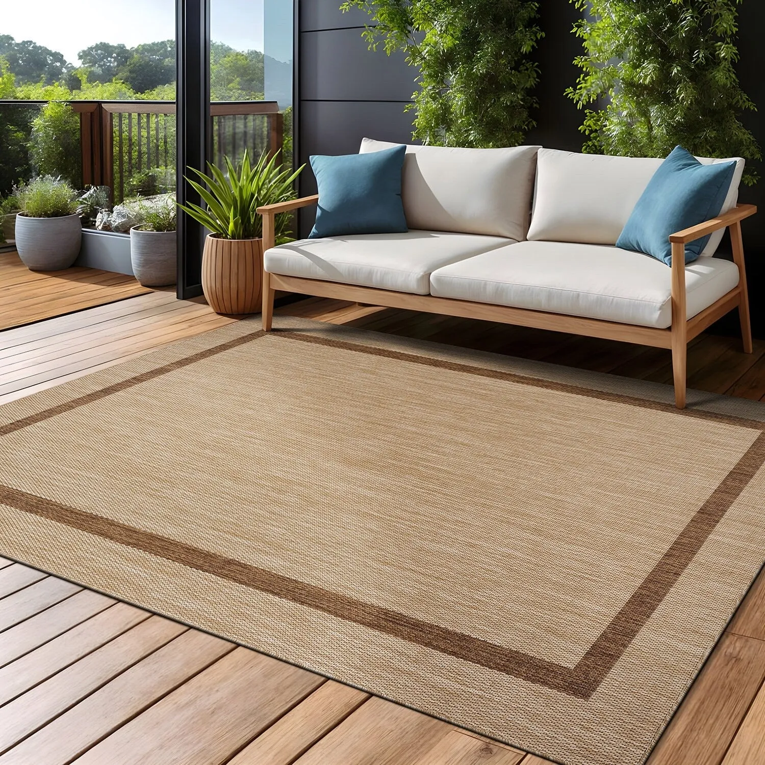 Beverly Rug Modern Bordered Indoor Outdoor Rug. Outside Carpet for Patio. Deck. Porch
