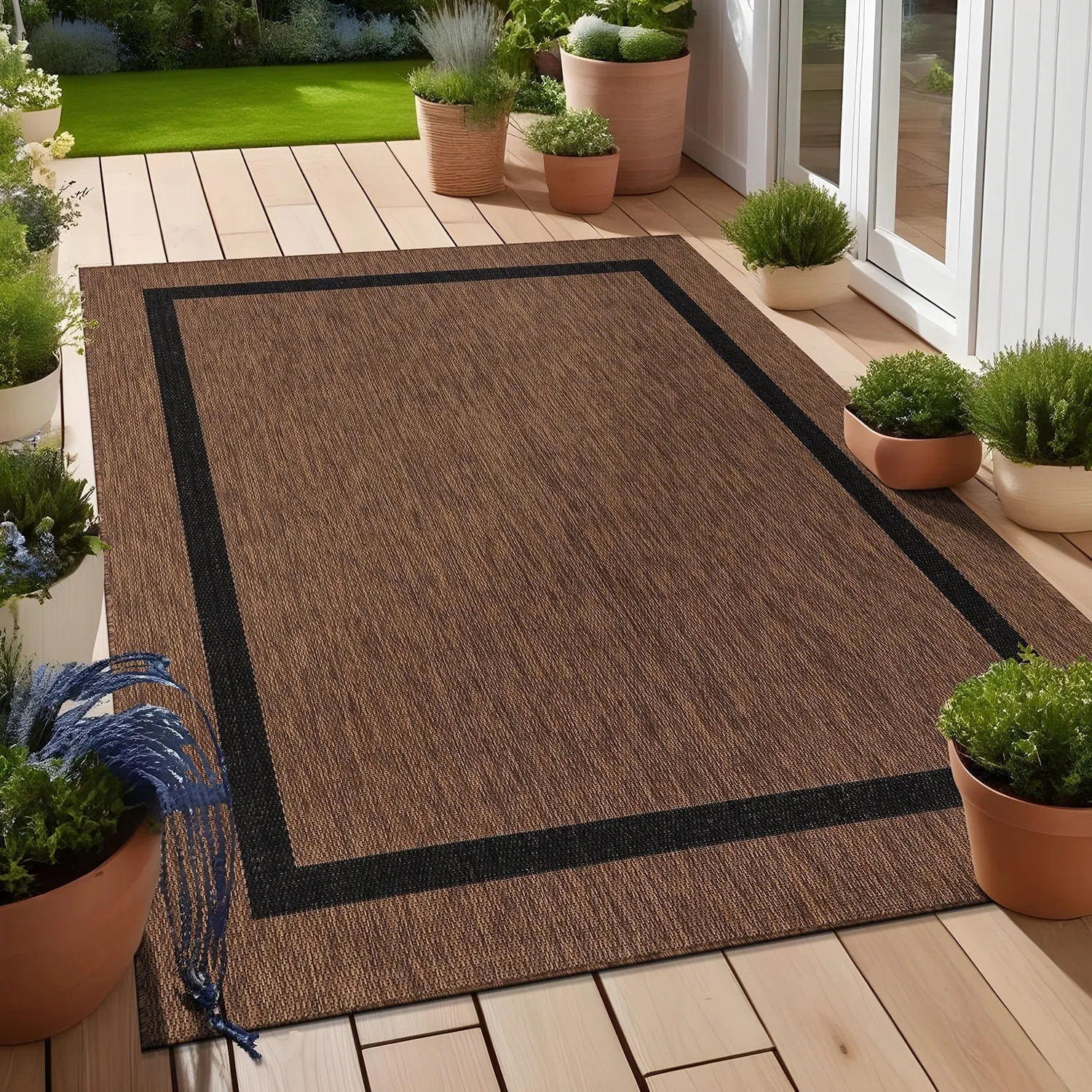 Beverly Rug Modern Bordered Indoor Outdoor Rug. Outside Carpet for Patio. Deck. Porch