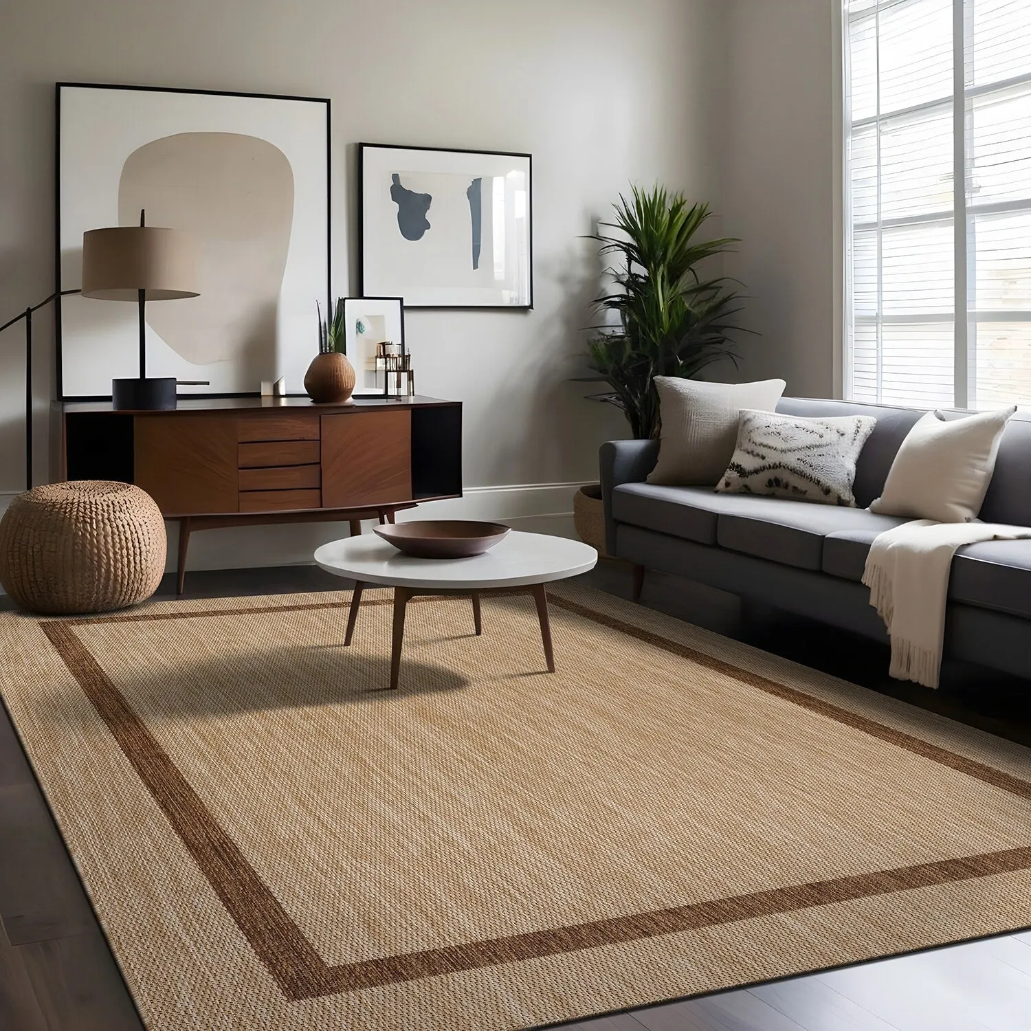 Beverly Rug Modern Bordered Indoor Outdoor Rug. Outside Carpet for Patio. Deck. Porch