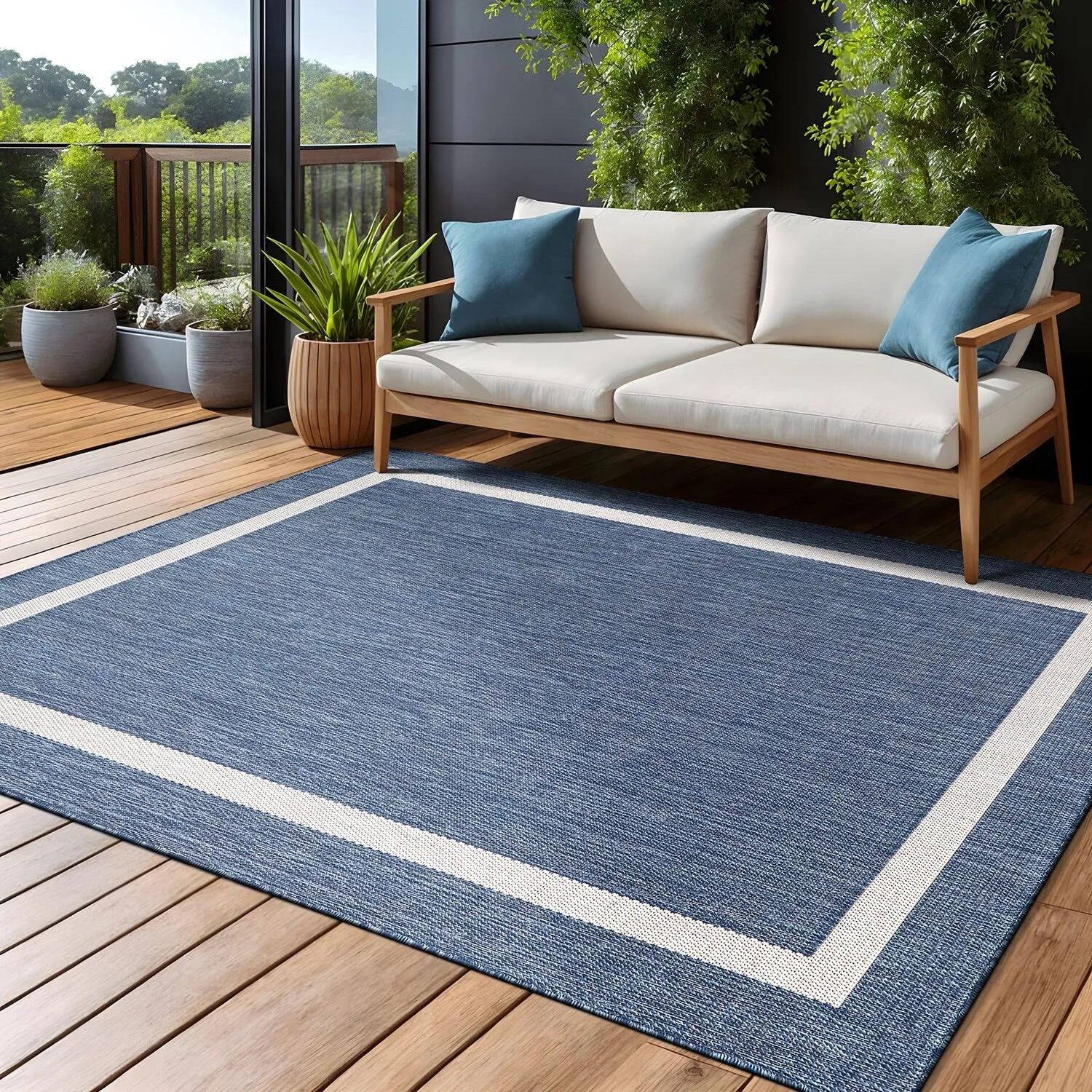 Beverly Rug Modern Bordered Indoor Outdoor Rug. Outside Carpet for Patio. Deck. Porch