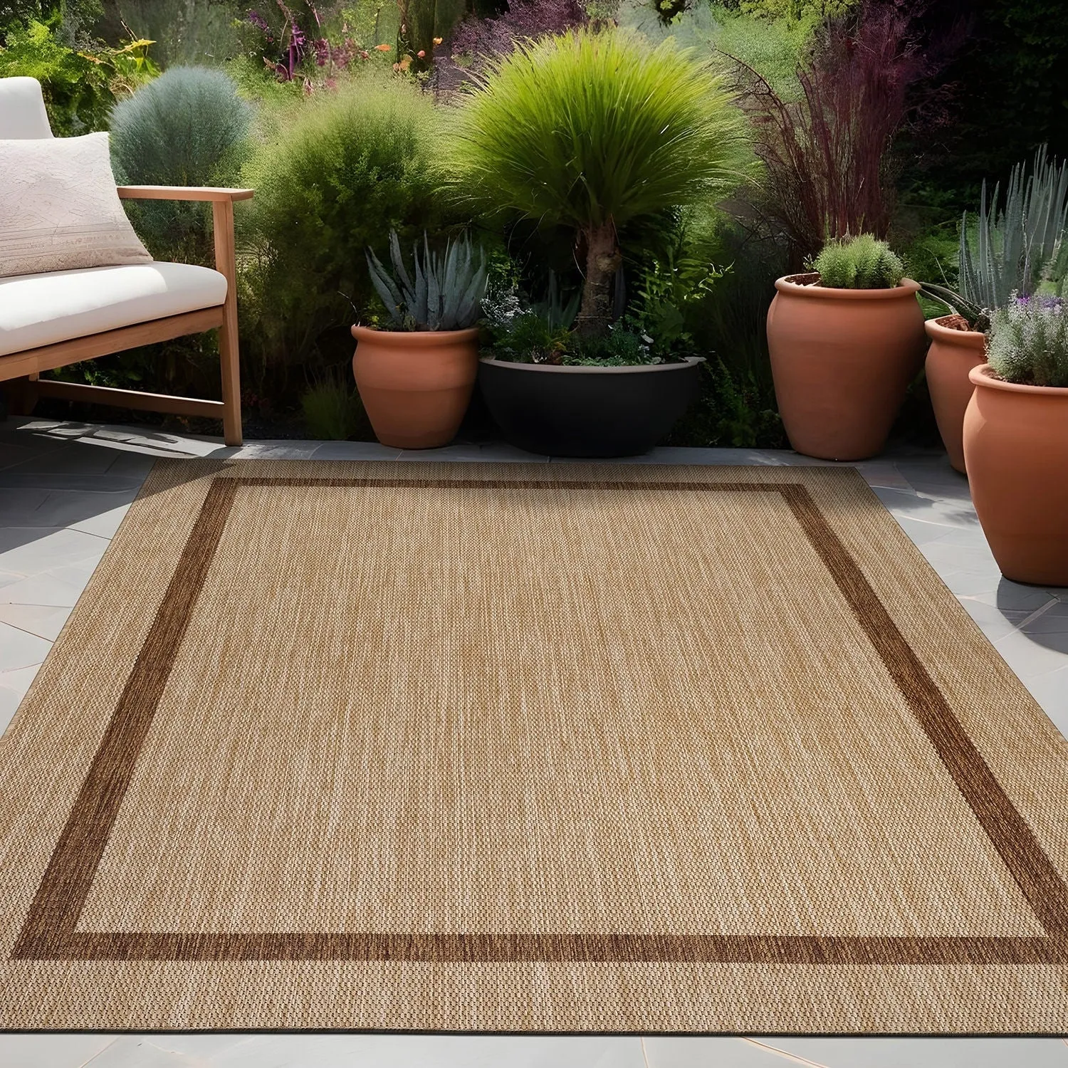 Beverly Rug Modern Bordered Indoor Outdoor Rug. Outside Carpet for Patio. Deck. Porch