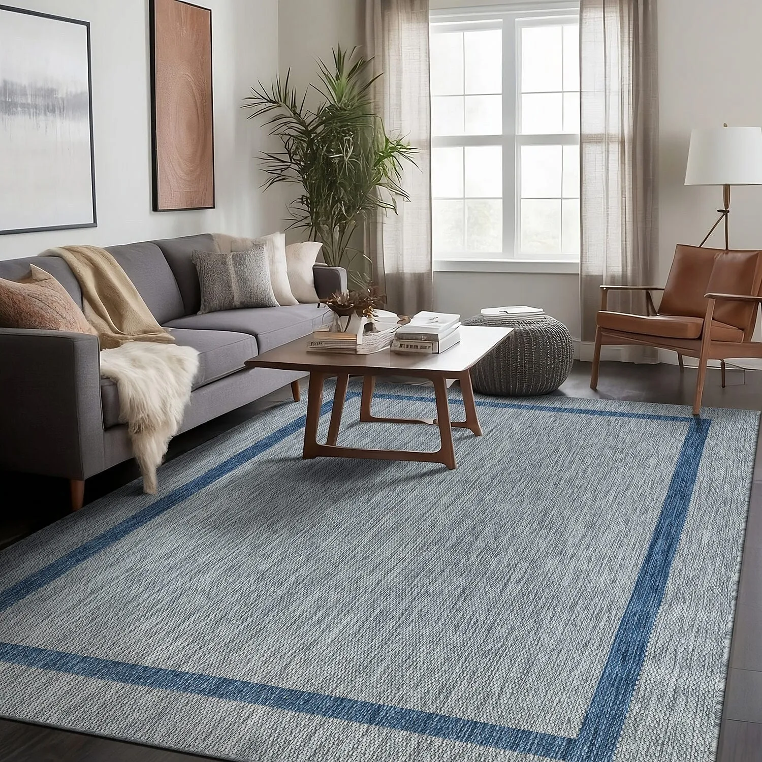Beverly Rug Modern Bordered Indoor Outdoor Rug. Outside Carpet for Patio. Deck. Porch