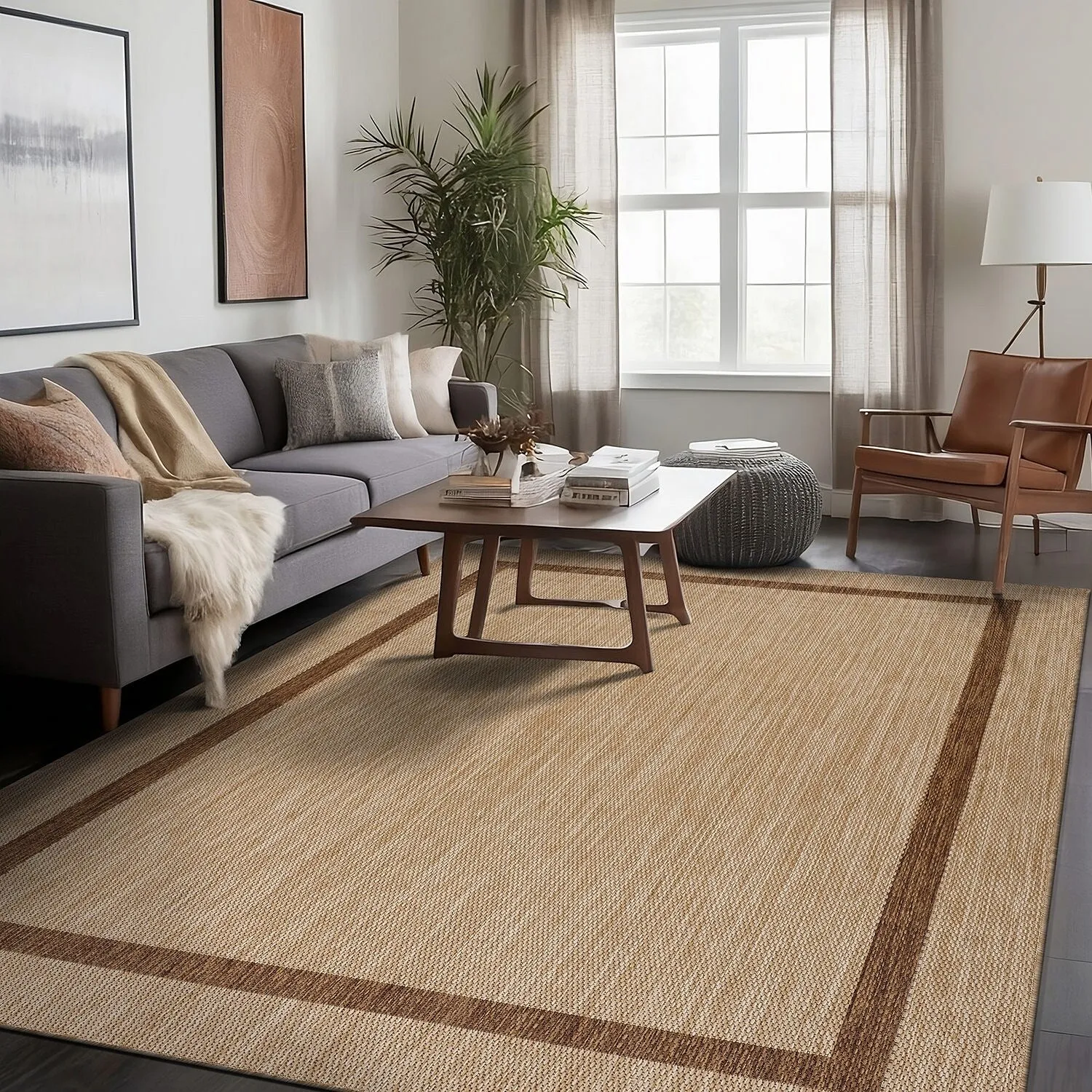 Beverly Rug Modern Bordered Indoor Outdoor Rug. Outside Carpet for Patio. Deck. Porch