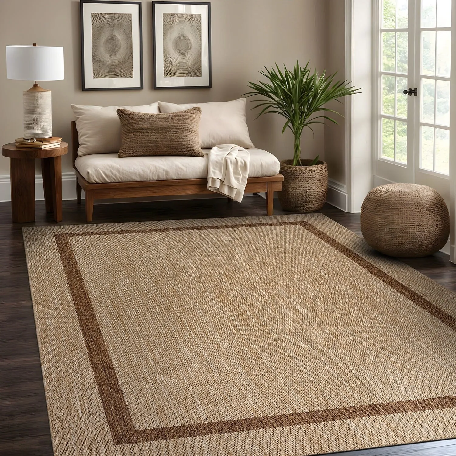 Beverly Rug Modern Bordered Indoor Outdoor Rug. Outside Carpet for Patio. Deck. Porch