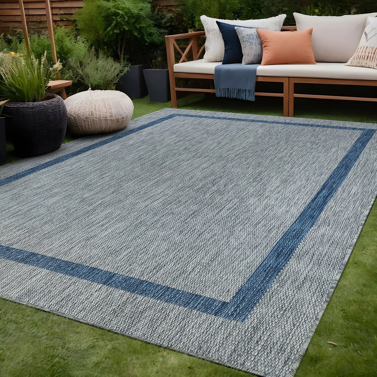 Beverly Rug Modern Bordered Indoor Outdoor Rug. Outside Carpet for Patio. Deck. Porch