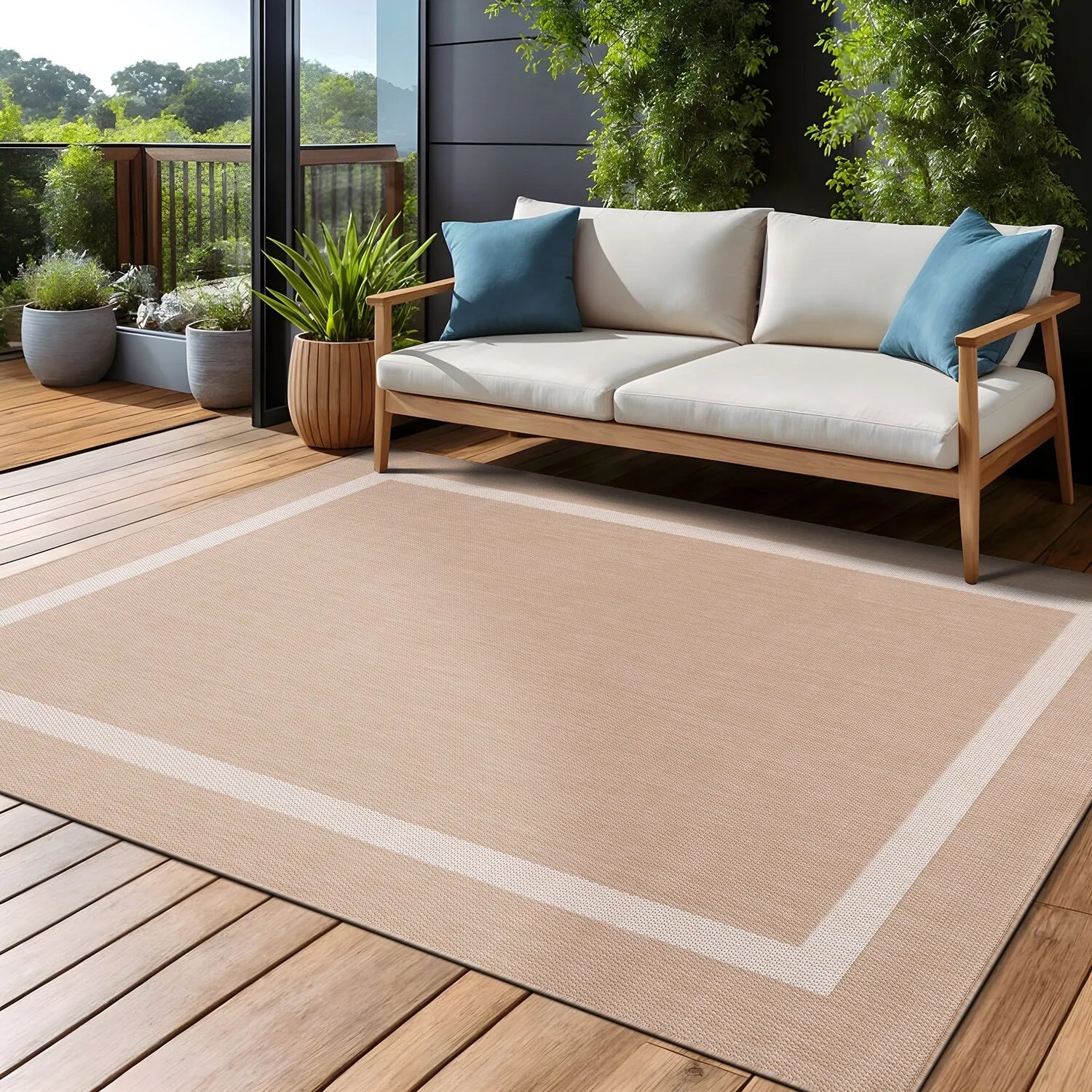 Beverly Rug Modern Bordered Indoor Outdoor Rug. Outside Carpet for Patio. Deck. Porch