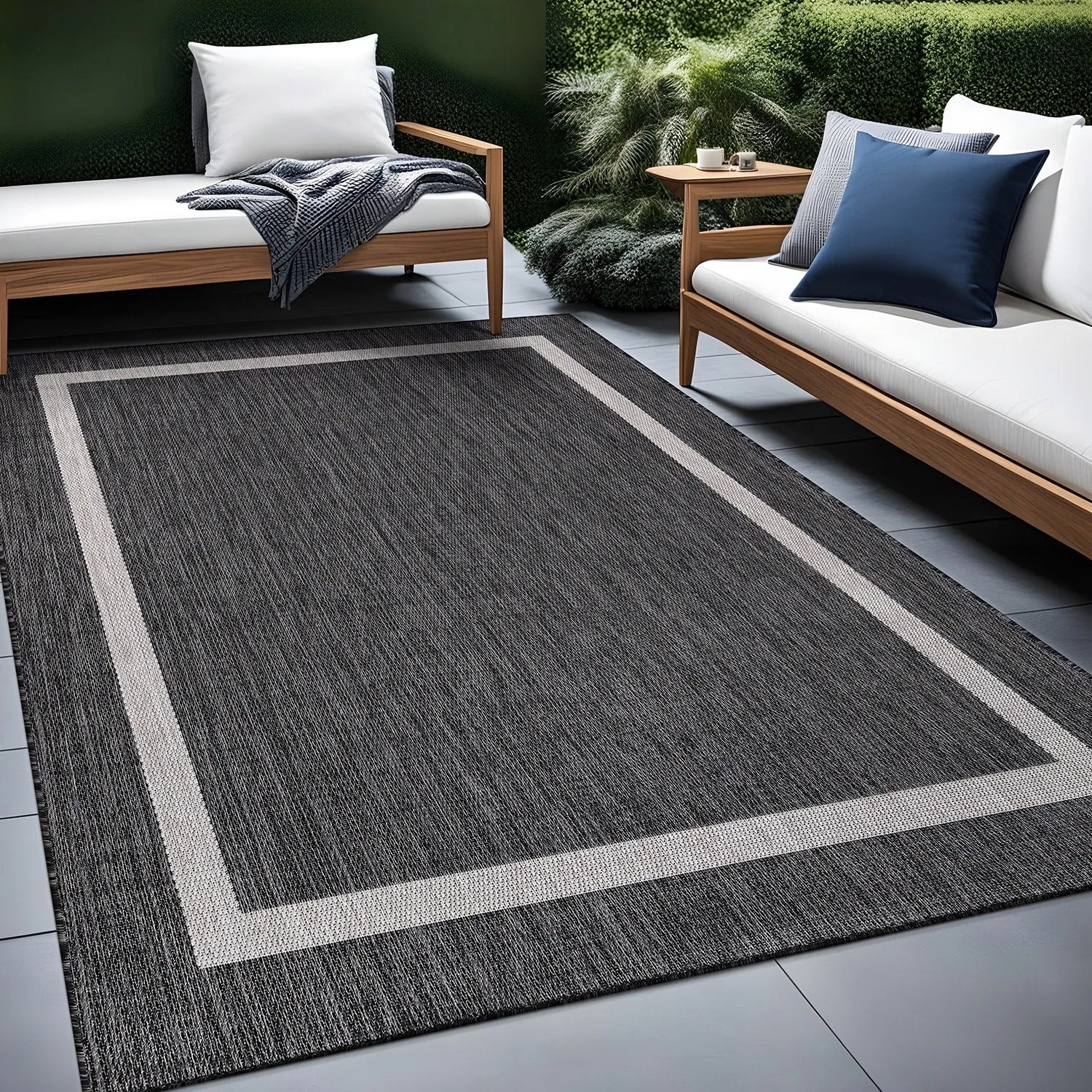 Beverly Rug Modern Bordered Indoor Outdoor Rug. Outside Carpet for Patio. Deck. Porch