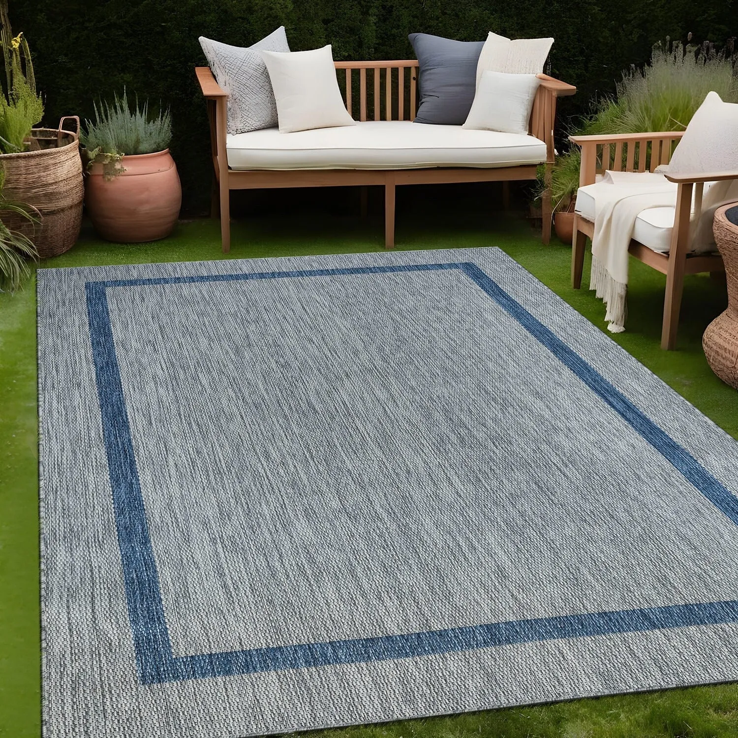 Beverly Rug Modern Bordered Indoor Outdoor Rug. Outside Carpet for Patio. Deck. Porch
