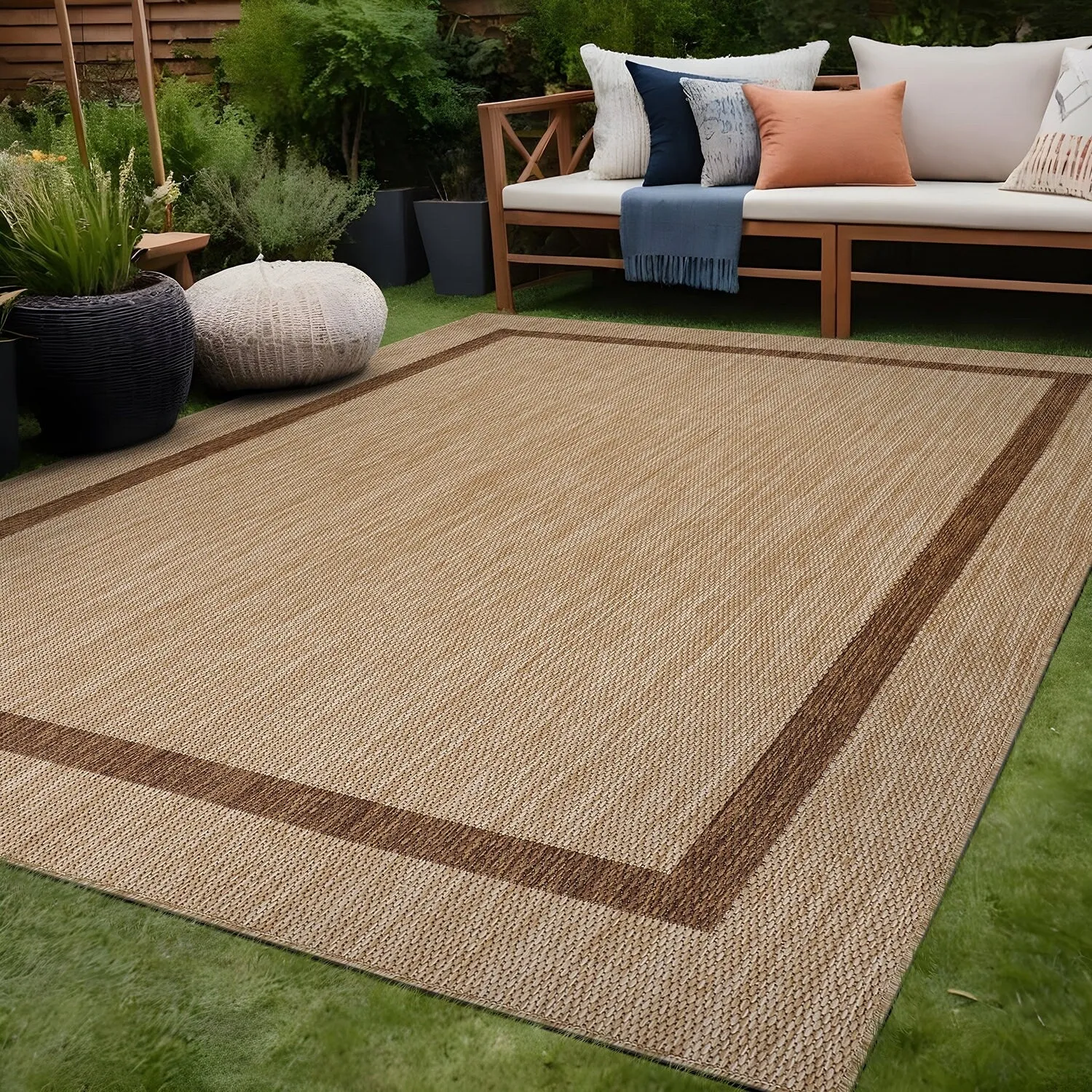 Beverly Rug Modern Bordered Indoor Outdoor Rug. Outside Carpet for Patio. Deck. Porch