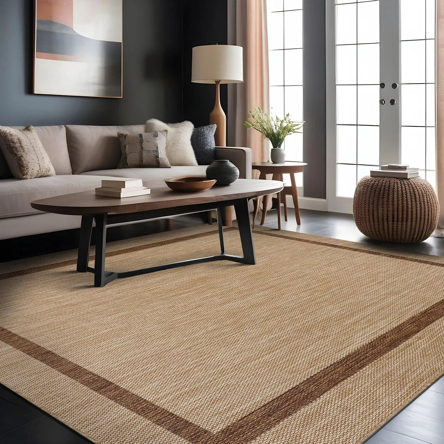 Beverly Rug Modern Bordered Indoor Outdoor Rug. Outside Carpet for Patio. Deck. Porch