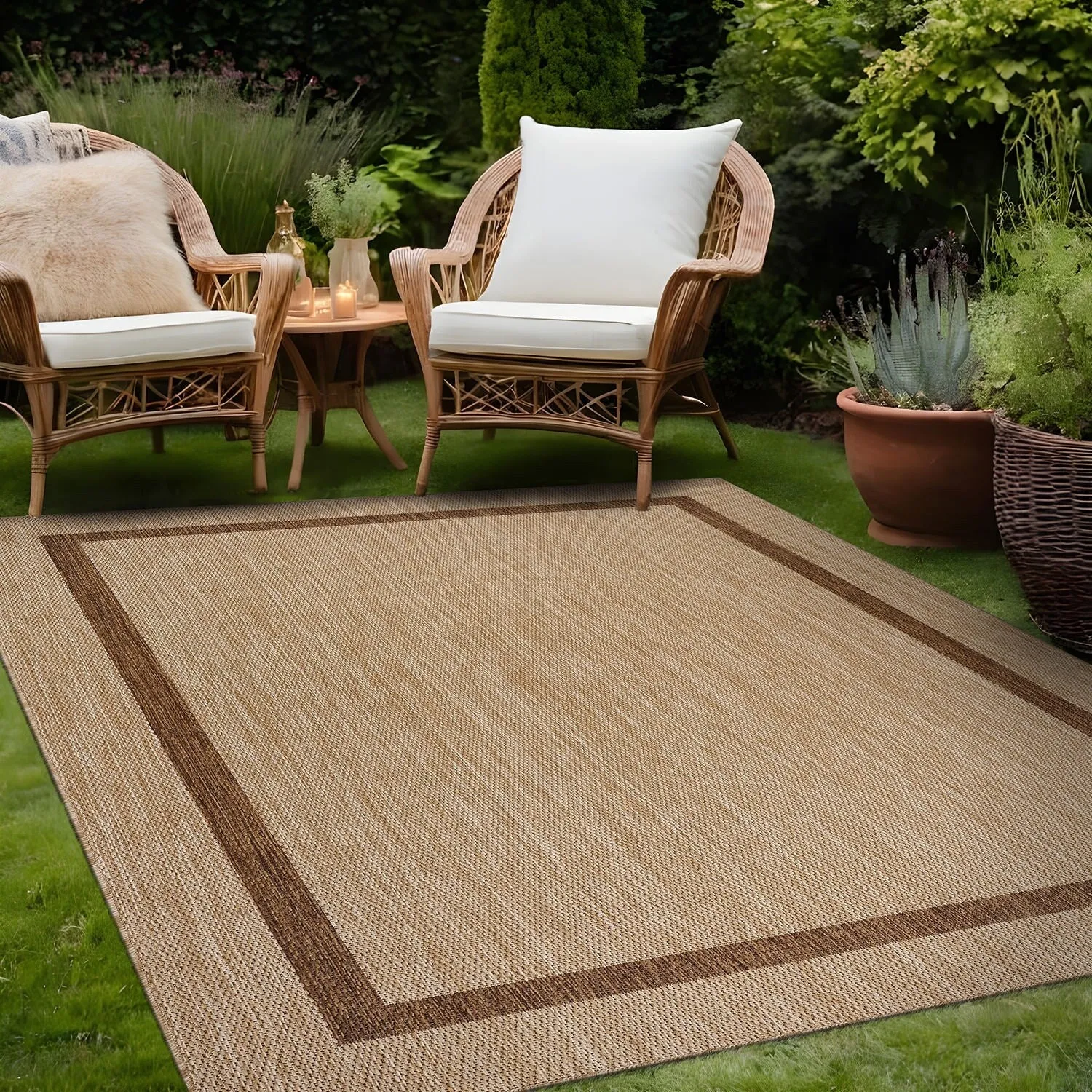 Beverly Rug Modern Bordered Indoor Outdoor Rug. Outside Carpet for Patio. Deck. Porch
