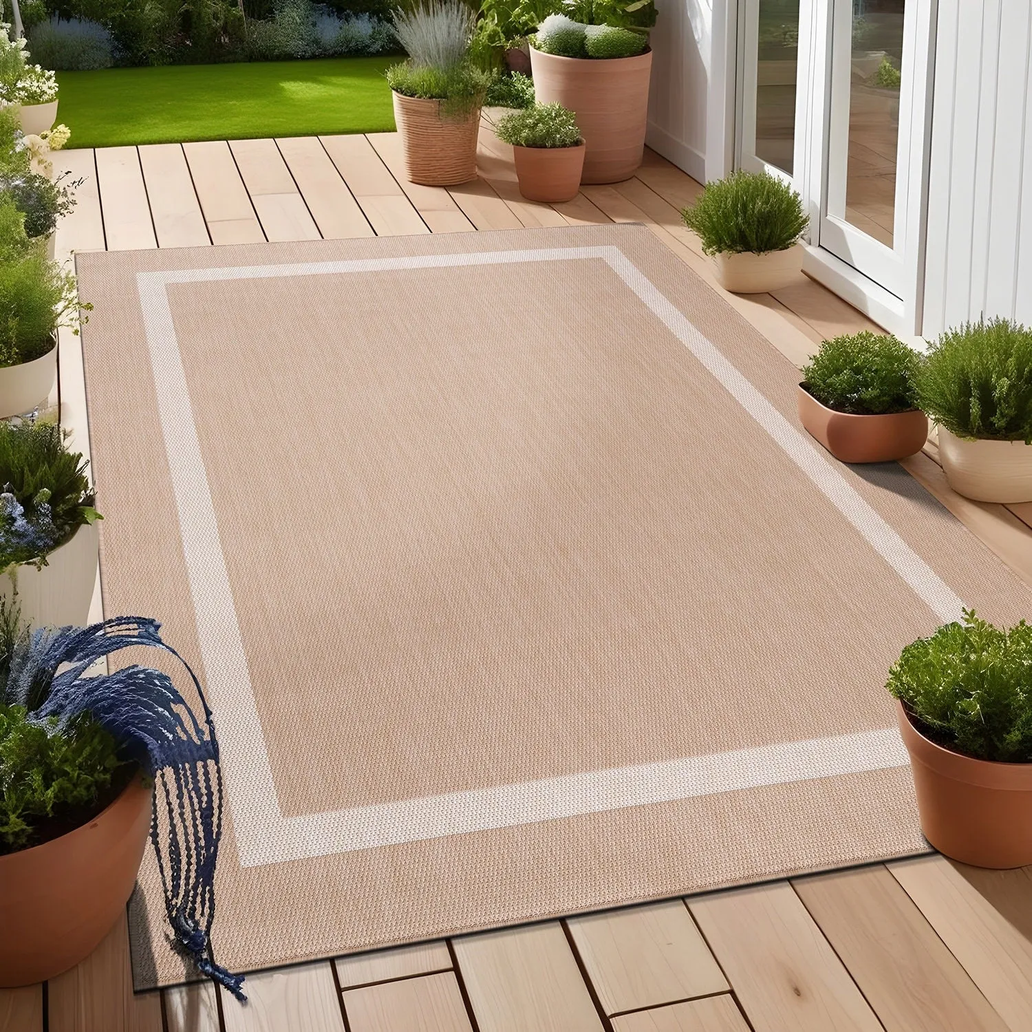 Beverly Rug Modern Bordered Indoor Outdoor Rug. Outside Carpet for Patio. Deck. Porch