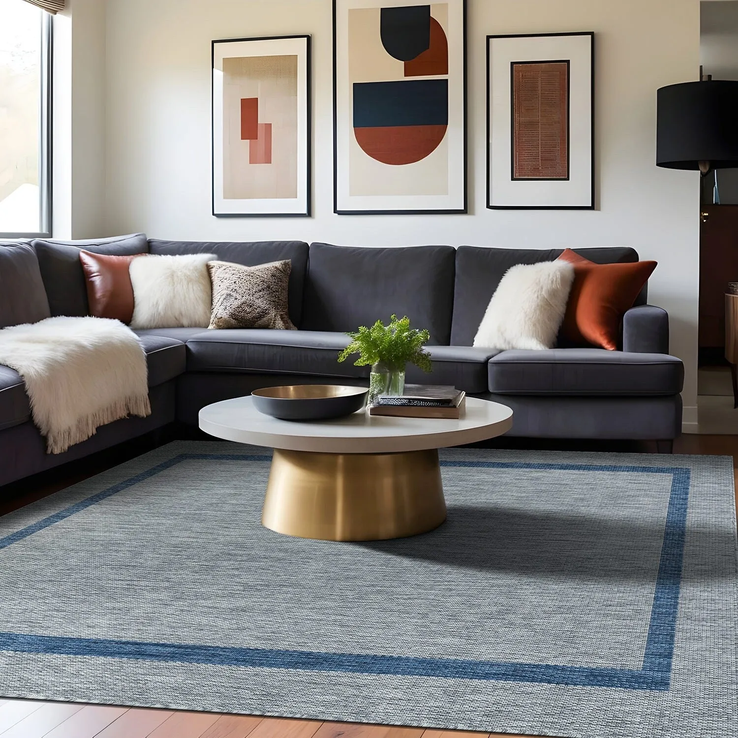 Beverly Rug Modern Bordered Indoor Outdoor Rug. Outside Carpet for Patio. Deck. Porch