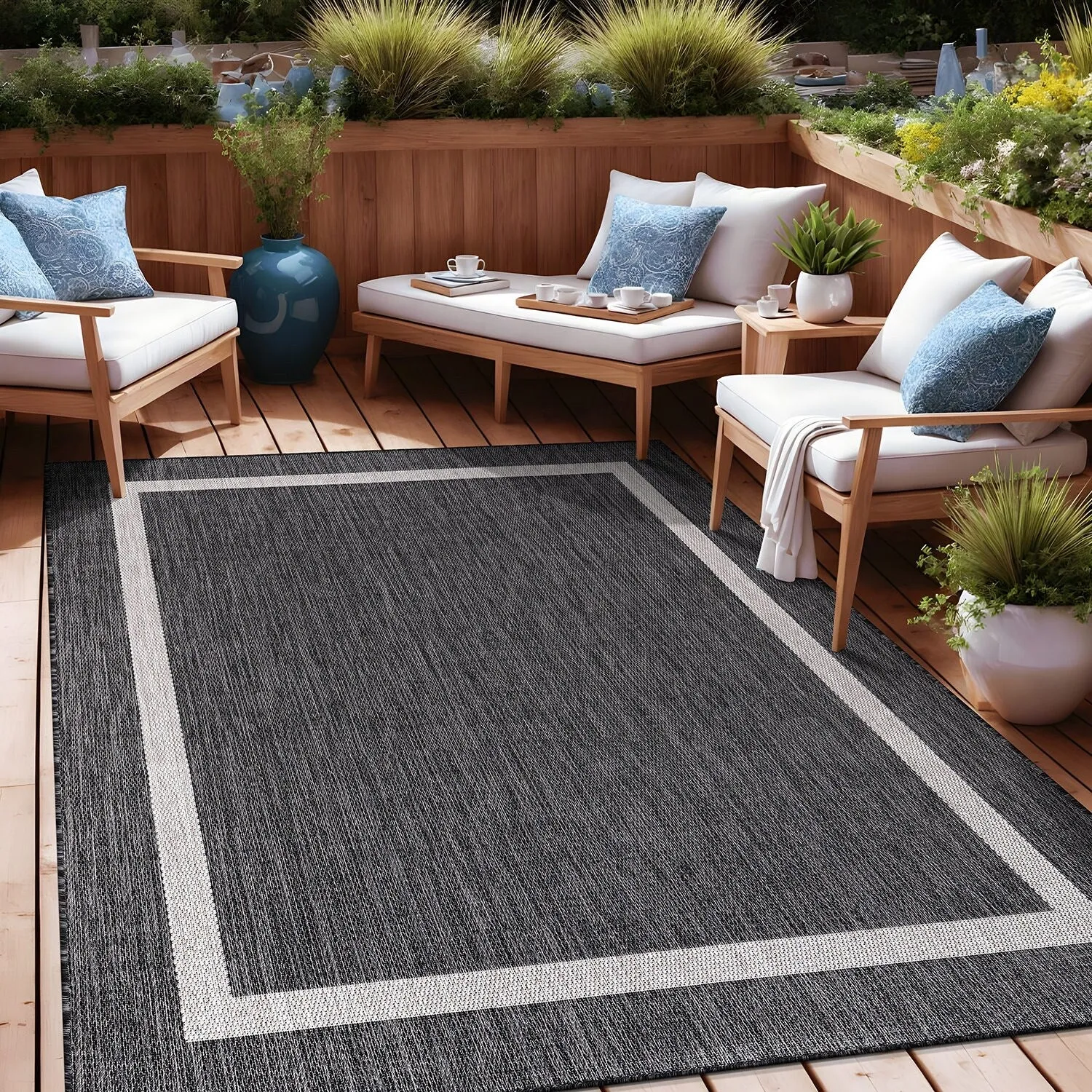 Beverly Rug Modern Bordered Indoor Outdoor Rug. Outside Carpet for Patio. Deck. Porch