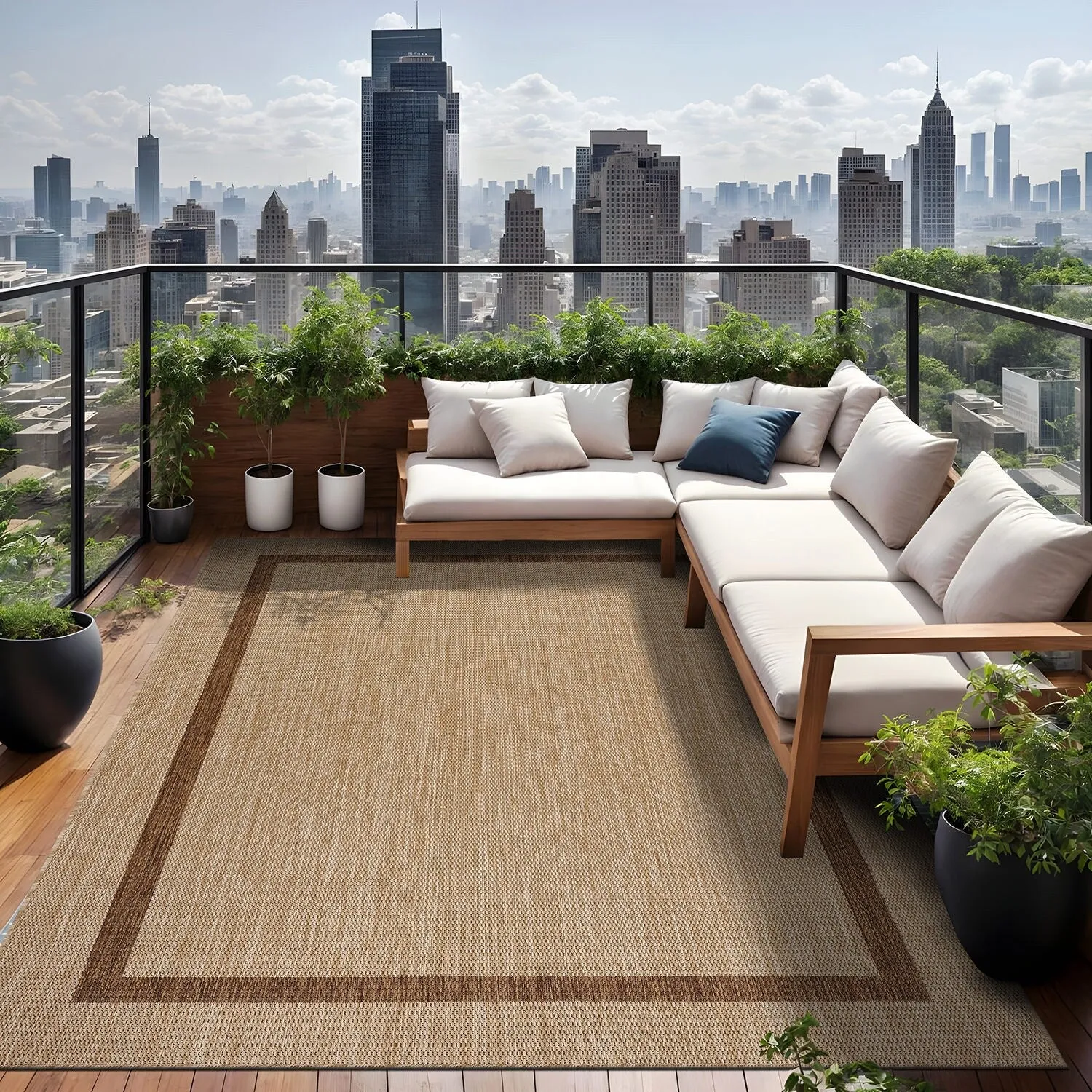 Beverly Rug Modern Bordered Indoor Outdoor Rug. Outside Carpet for Patio. Deck. Porch
