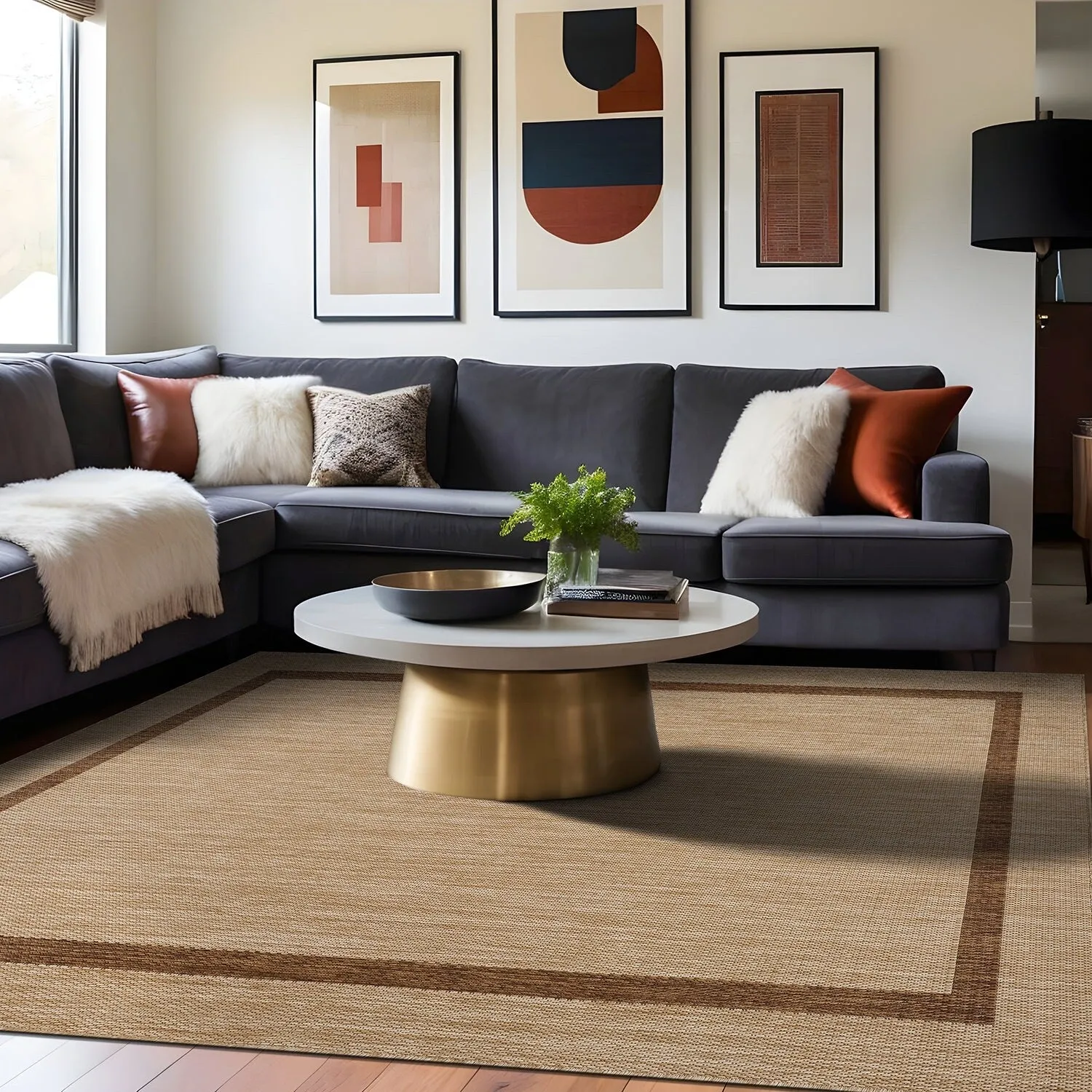 Beverly Rug Modern Bordered Indoor Outdoor Rug. Outside Carpet for Patio. Deck. Porch