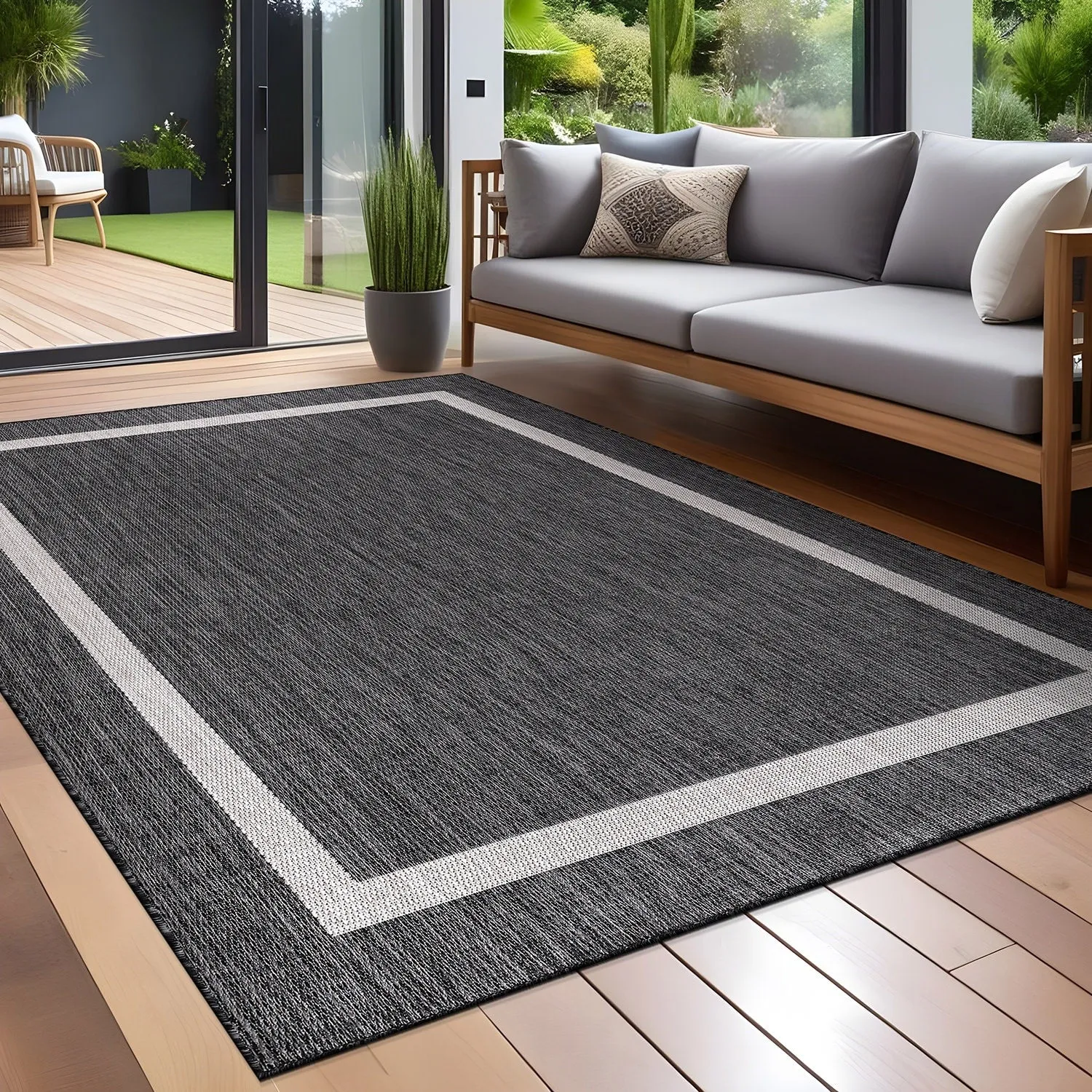 Beverly Rug Modern Bordered Indoor Outdoor Rug. Outside Carpet for Patio. Deck. Porch