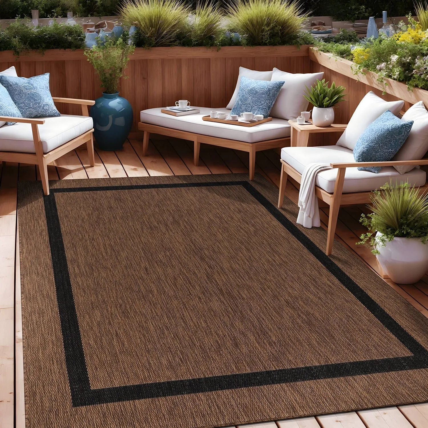 Beverly Rug Modern Bordered Indoor Outdoor Rug. Outside Carpet for Patio. Deck. Porch