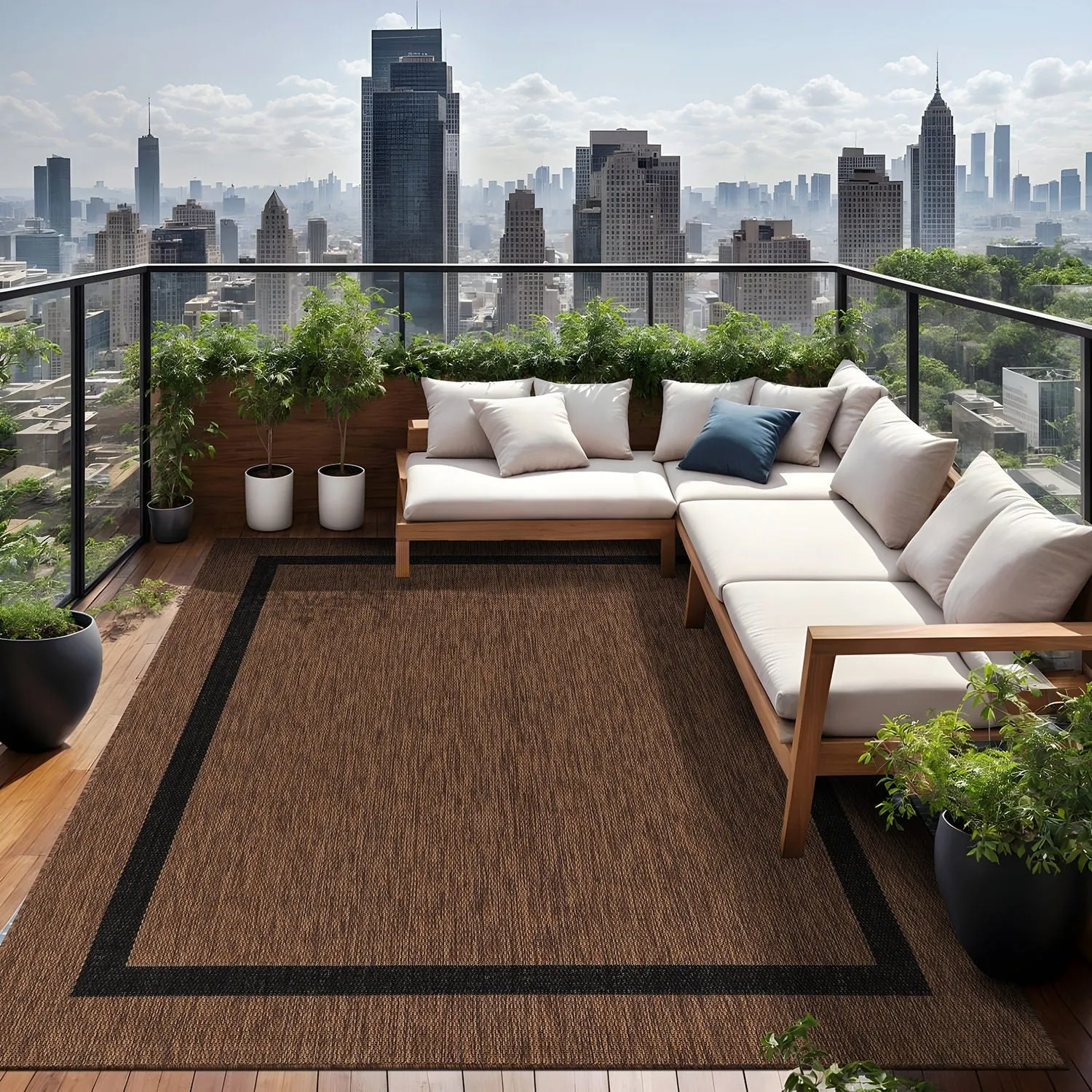 Beverly Rug Modern Bordered Indoor Outdoor Rug. Outside Carpet for Patio. Deck. Porch