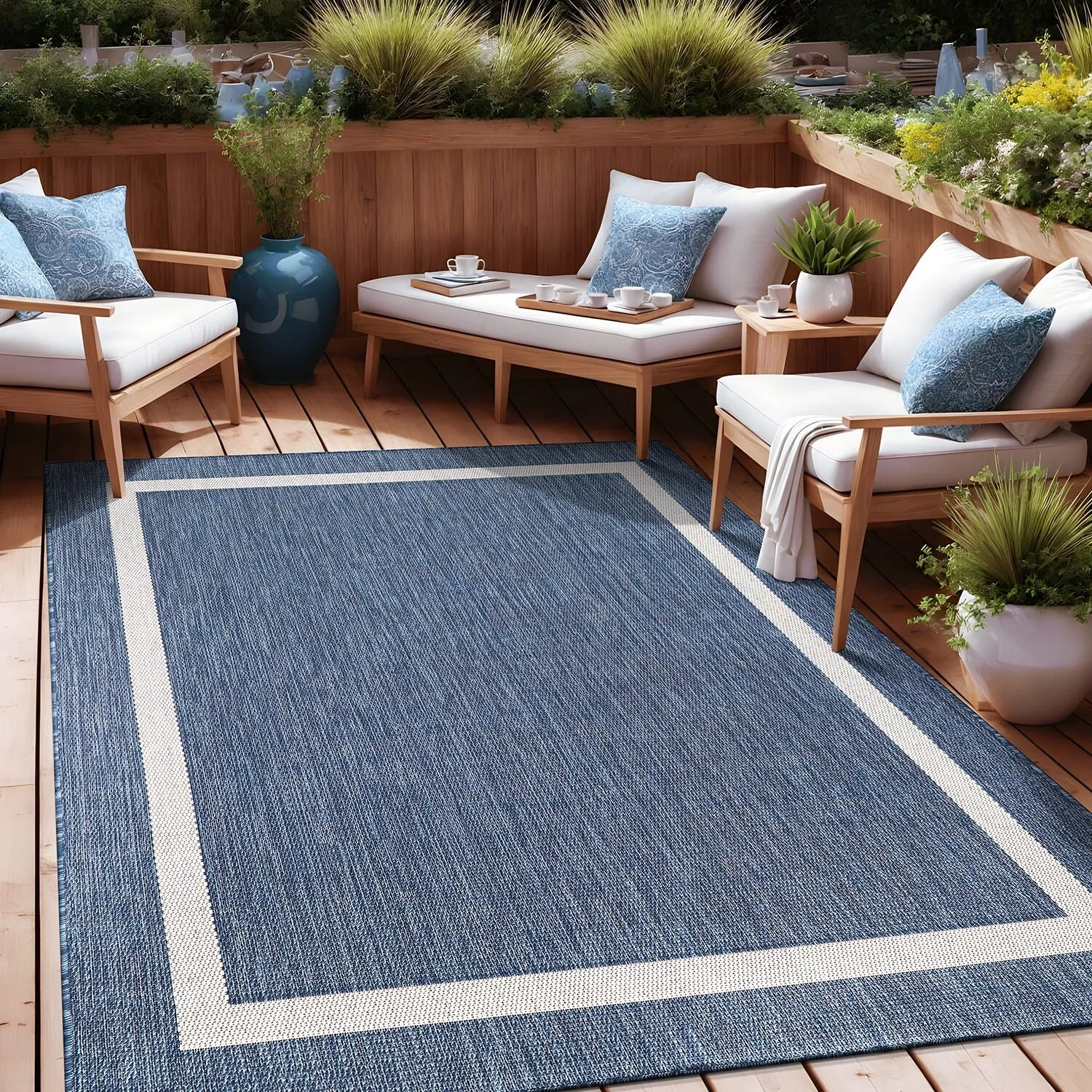 Beverly Rug Modern Bordered Indoor Outdoor Rug. Outside Carpet for Patio. Deck. Porch