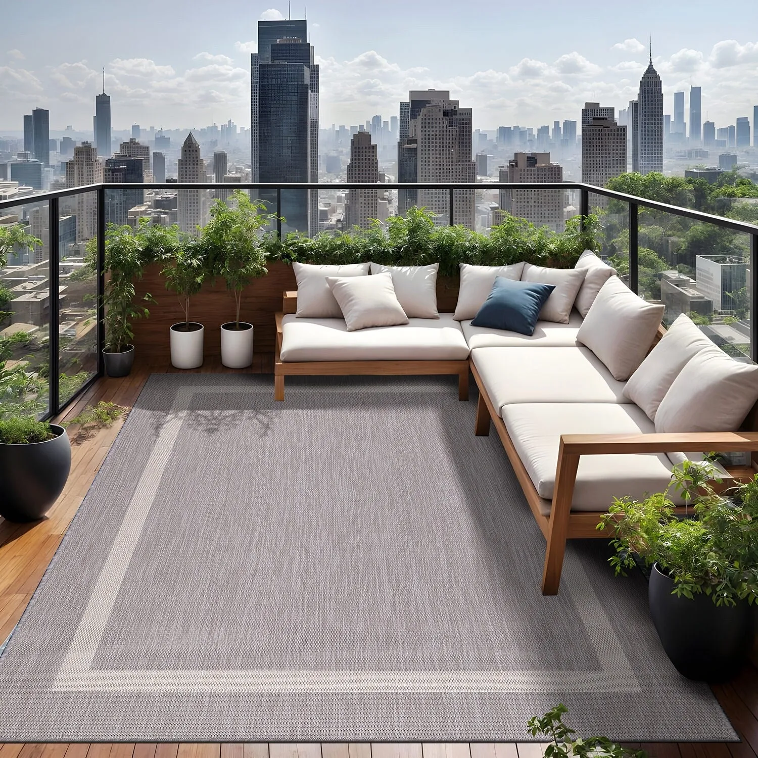 Beverly Rug Modern Bordered Indoor Outdoor Rug. Outside Carpet for Patio. Deck. Porch