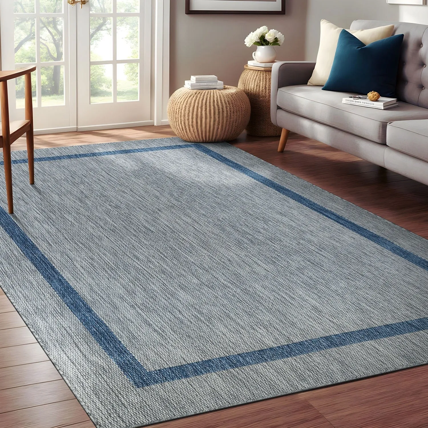 Beverly Rug Modern Bordered Indoor Outdoor Rug. Outside Carpet for Patio. Deck. Porch