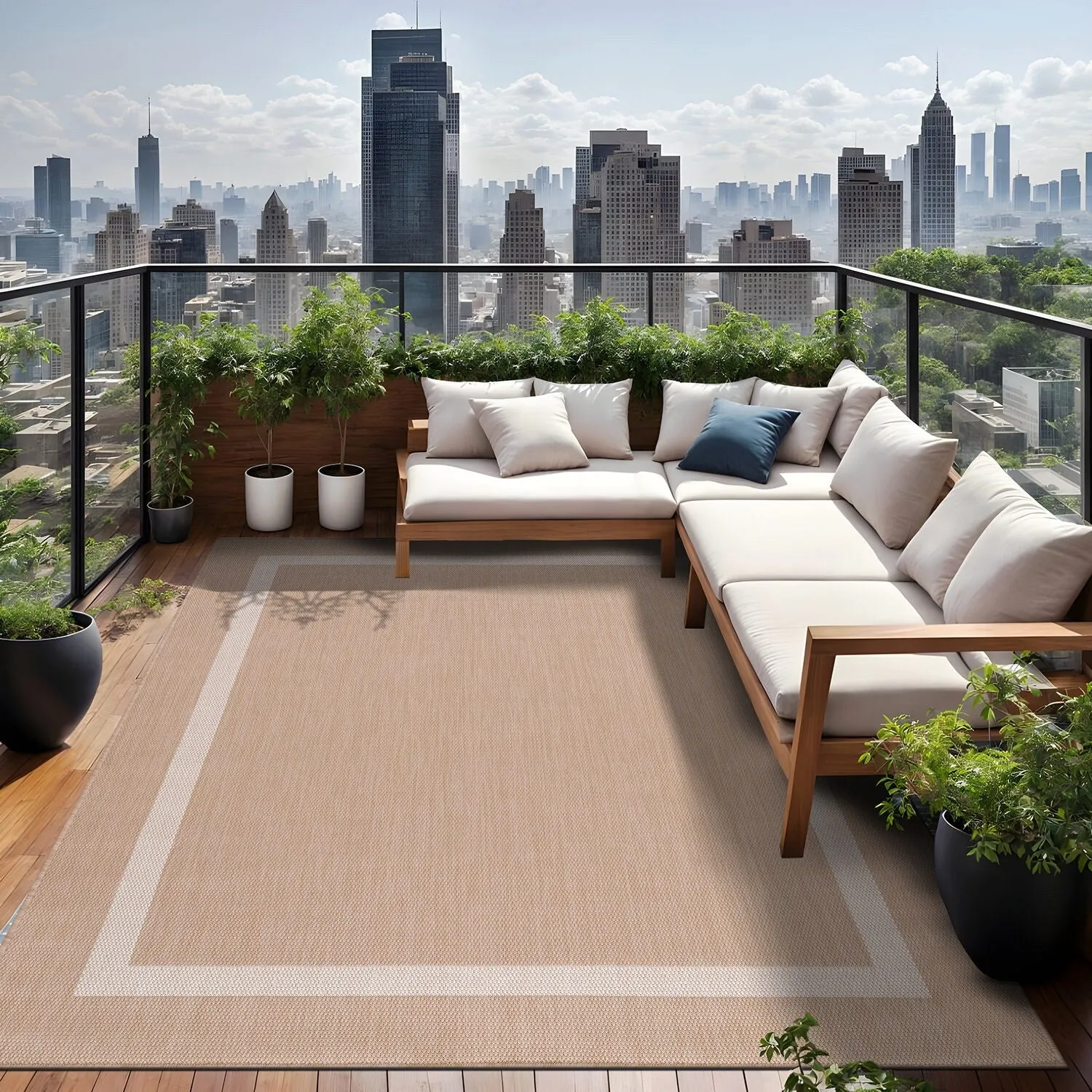 Beverly Rug Modern Bordered Indoor Outdoor Rug. Outside Carpet for Patio. Deck. Porch