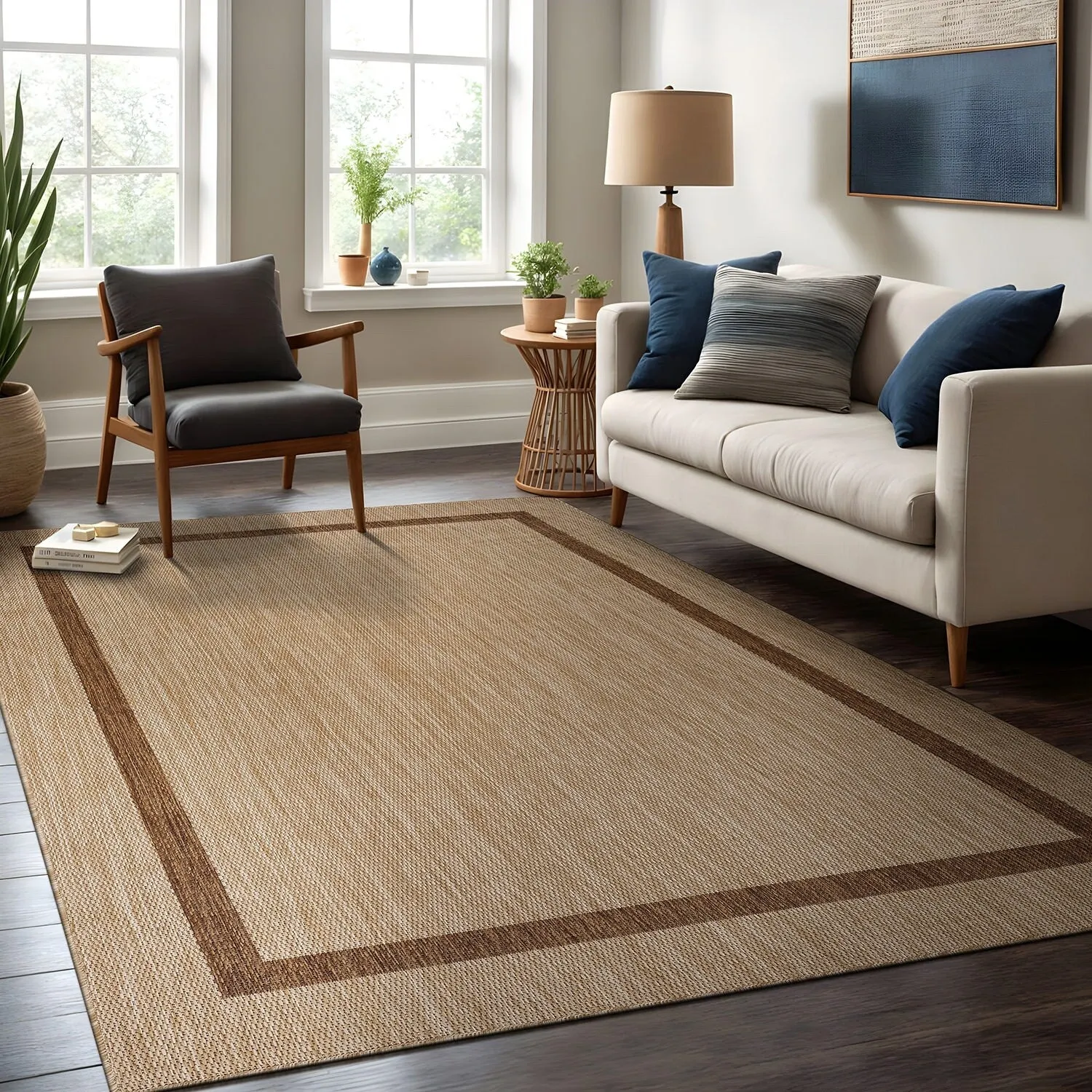 Beverly Rug Modern Bordered Indoor Outdoor Rug. Outside Carpet for Patio. Deck. Porch