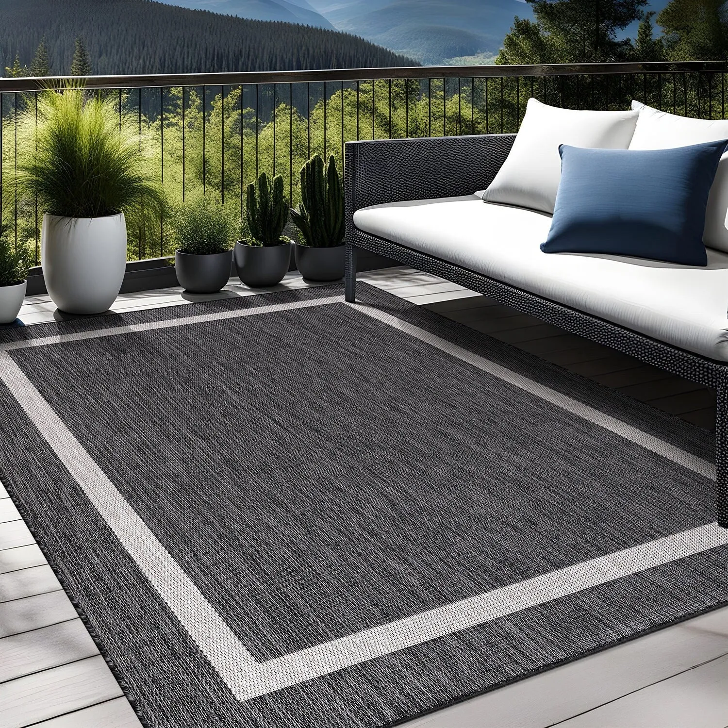 Beverly Rug Modern Bordered Indoor Outdoor Rug. Outside Carpet for Patio. Deck. Porch