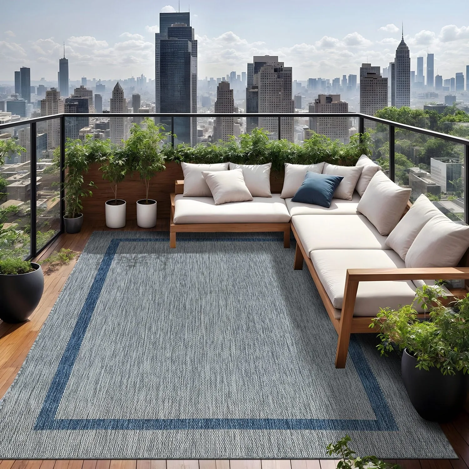 Beverly Rug Modern Bordered Indoor Outdoor Rug. Outside Carpet for Patio. Deck. Porch