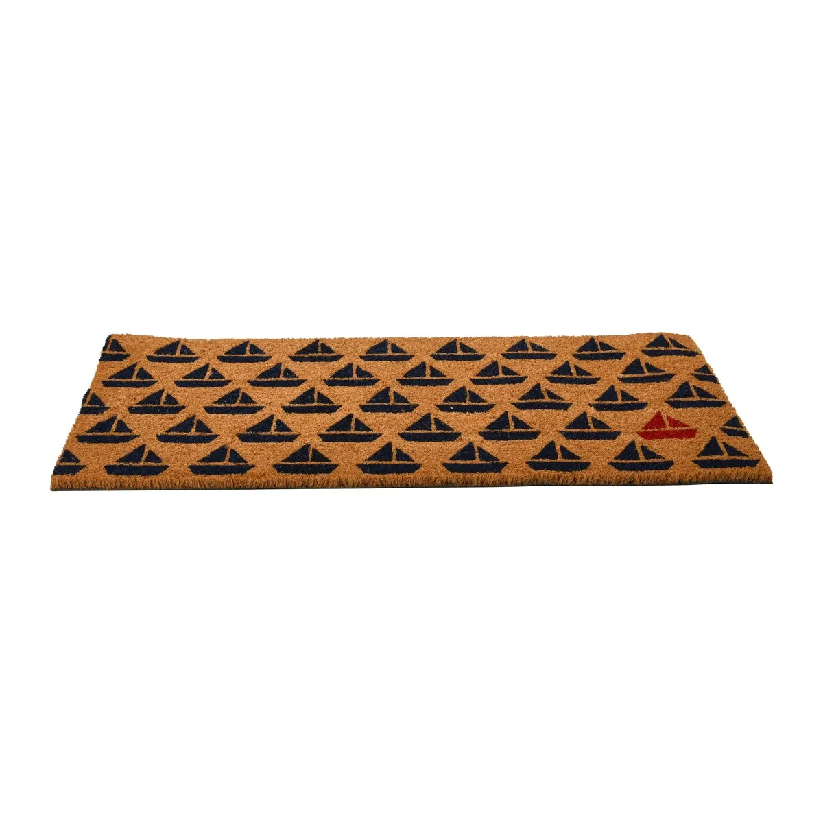 Coir Entry Doormat with Coastal or Nautical Sailboat Design and non-slip liner backing. Natural Finish