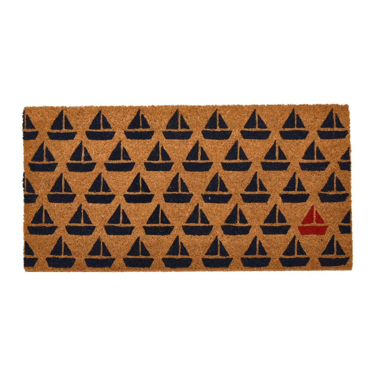 Coir Entry Doormat with Coastal or Nautical Sailboat Design and non-slip liner backing. Natural Finish
