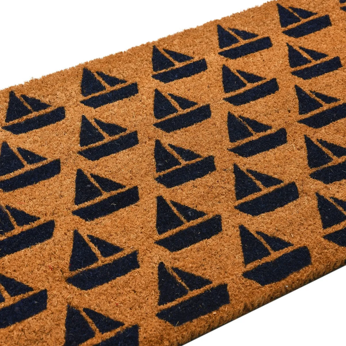 Coir Entry Doormat with Coastal or Nautical Sailboat Design and non-slip liner backing. Natural Finish
