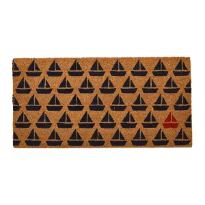Coir Entry Doormat with Coastal or Nautical Sailboat Design and non-slip liner backing. Natural Finish