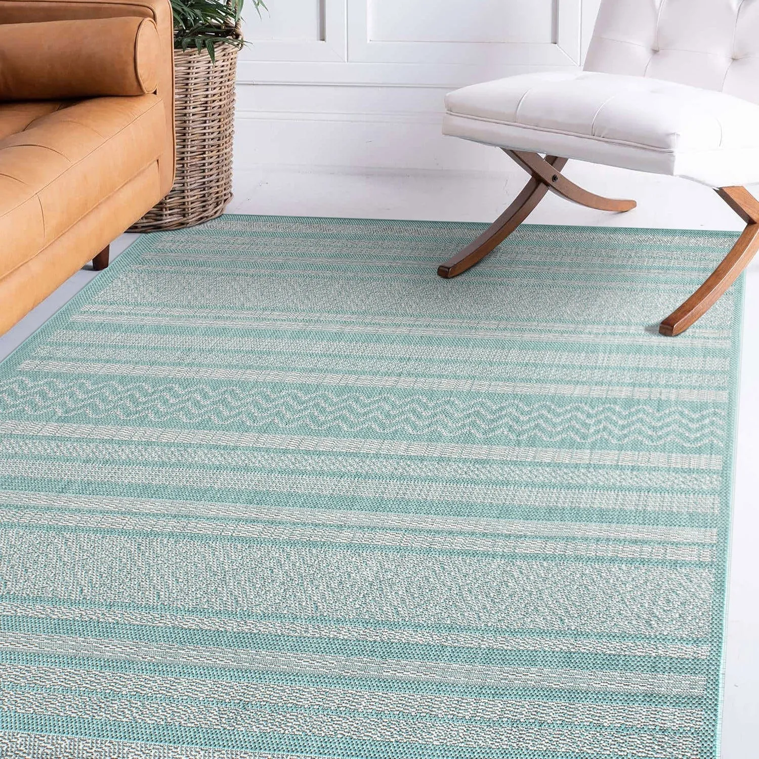 Contemporary Bohemain Stripes Indoor/Outdoor Flatweave Waterproof Backyard Patio Area Rug