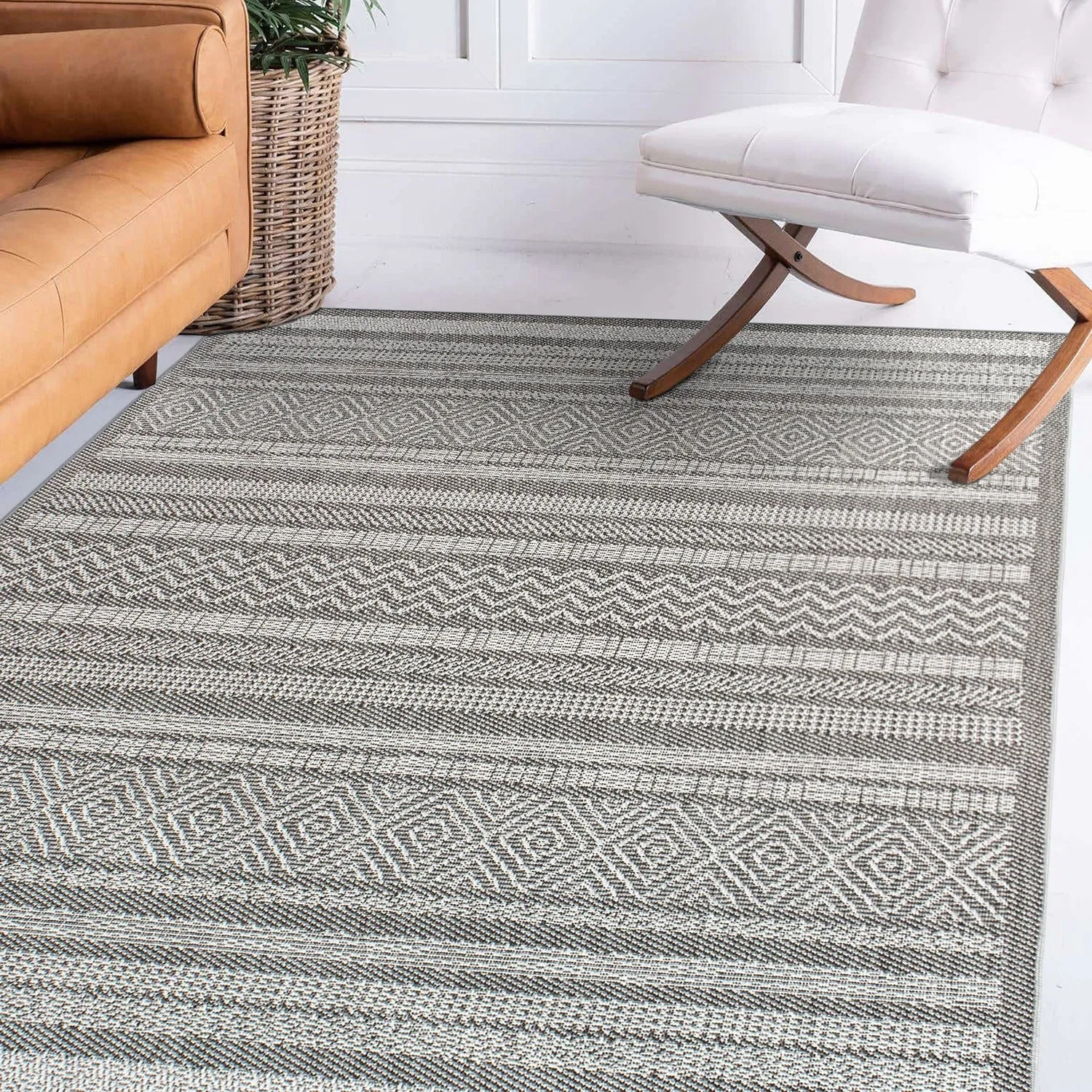 Contemporary Bohemain Stripes Indoor/Outdoor Flatweave Waterproof Backyard Patio Area Rug