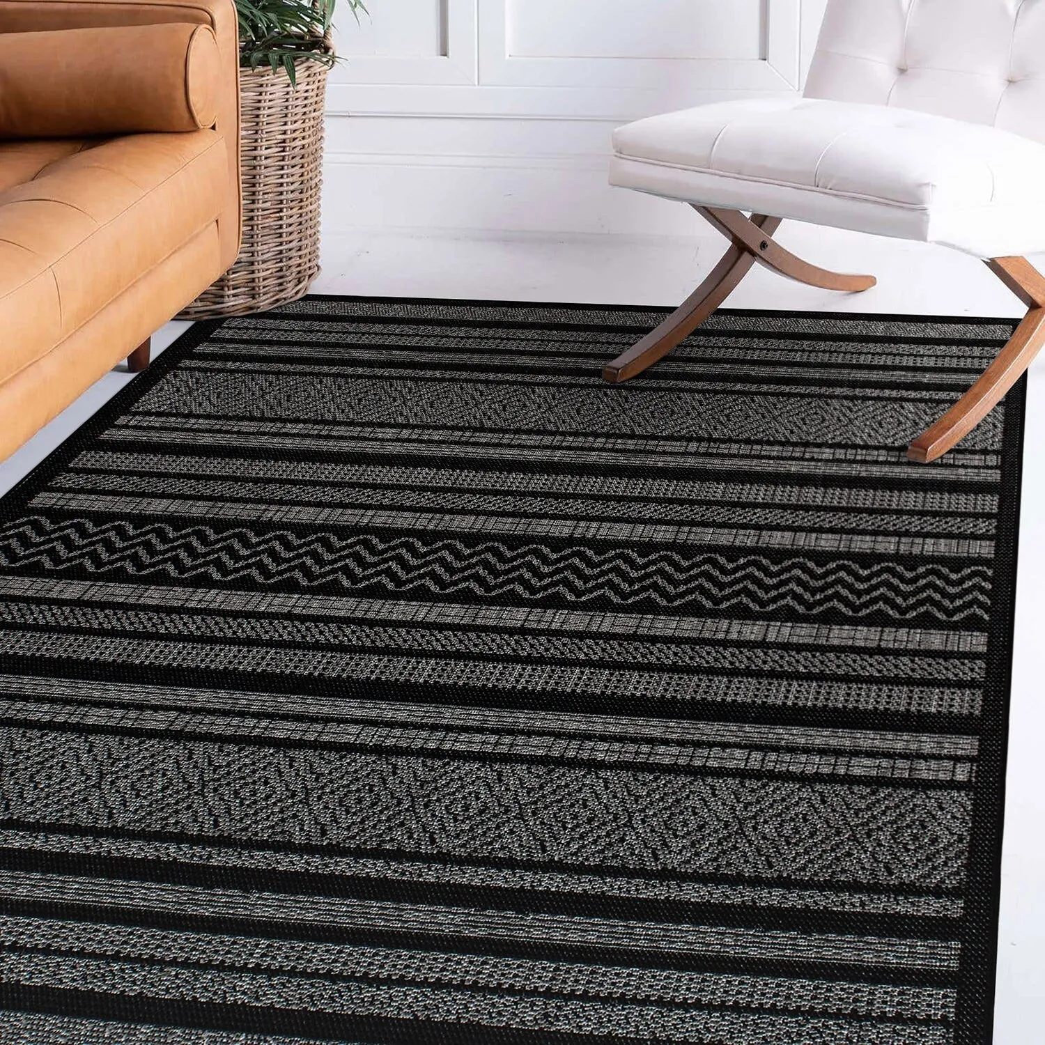 Contemporary Bohemain Stripes Indoor/Outdoor Flatweave Waterproof Backyard Patio Area Rug