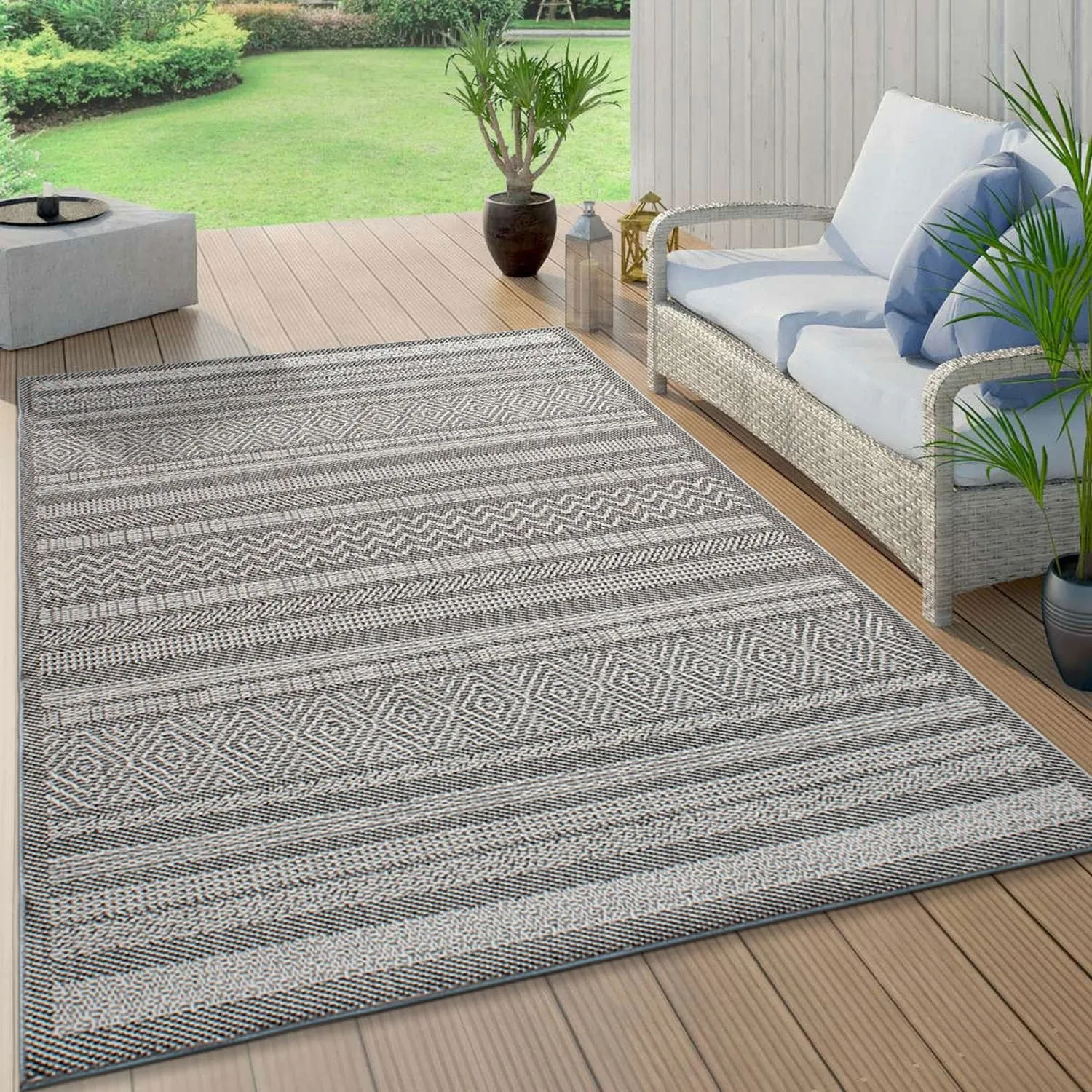 Contemporary Bohemain Stripes Indoor/Outdoor Flatweave Waterproof Backyard Patio Area Rug