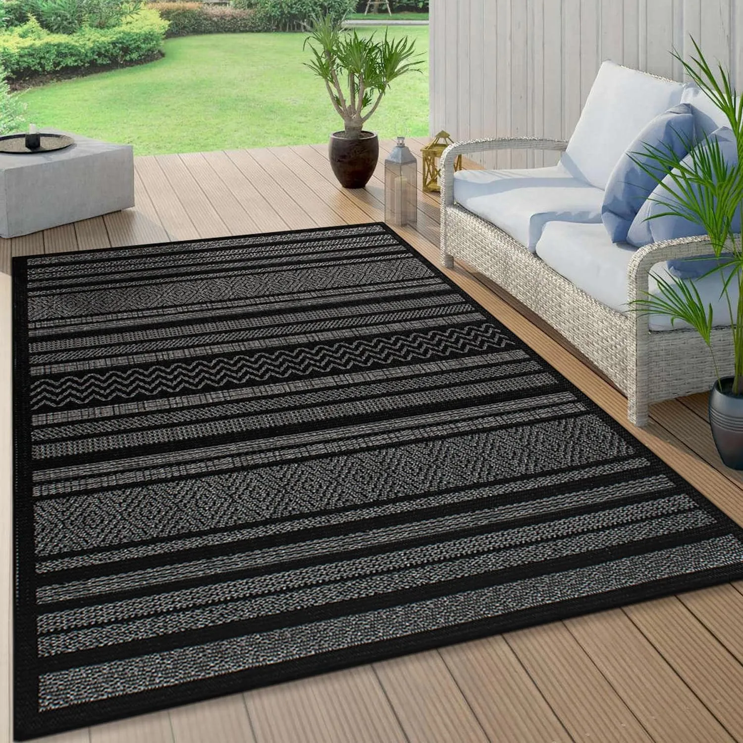 Contemporary Bohemain Stripes Indoor/Outdoor Flatweave Waterproof Backyard Patio Area Rug