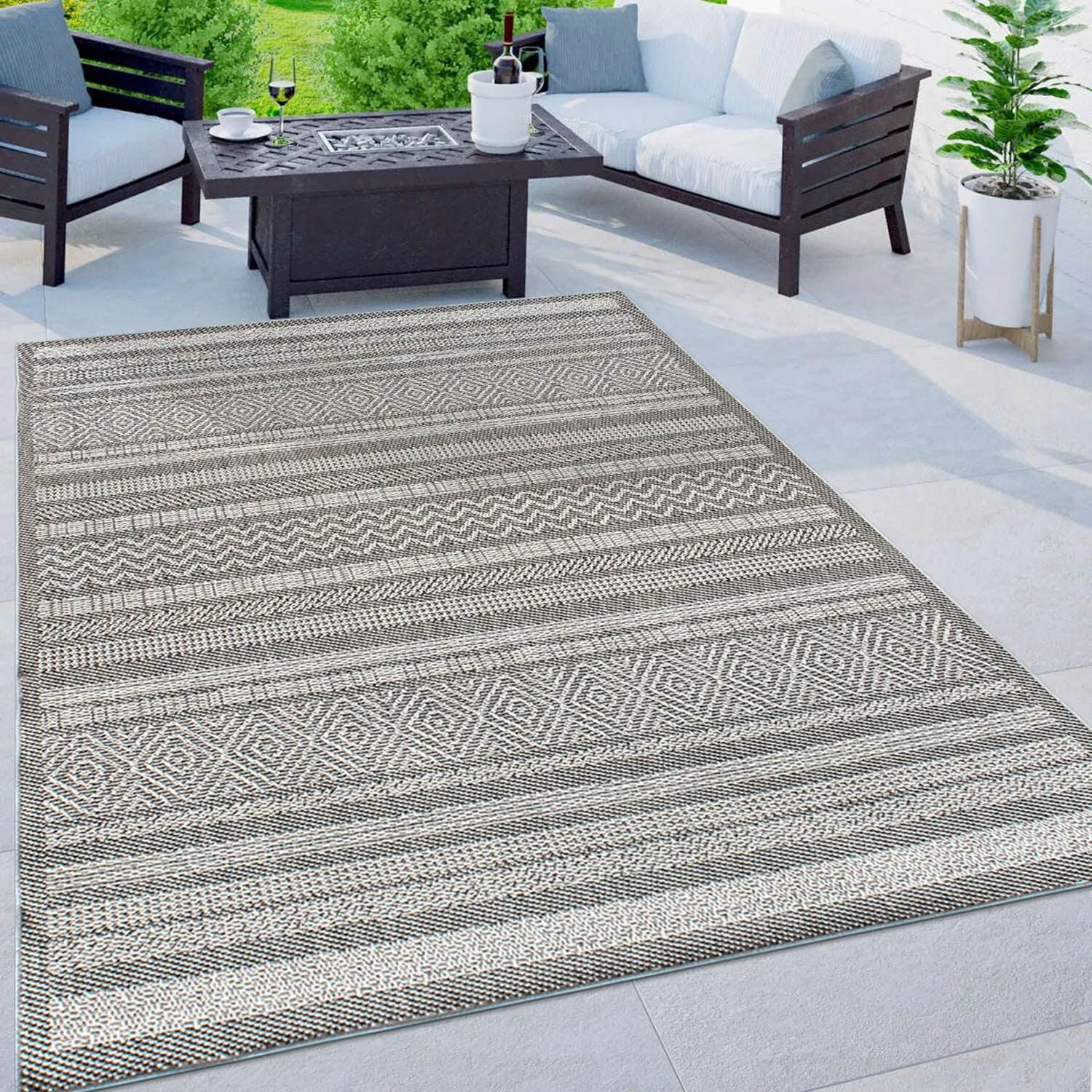 Contemporary Bohemain Stripes Indoor/Outdoor Flatweave Waterproof Backyard Patio Area Rug