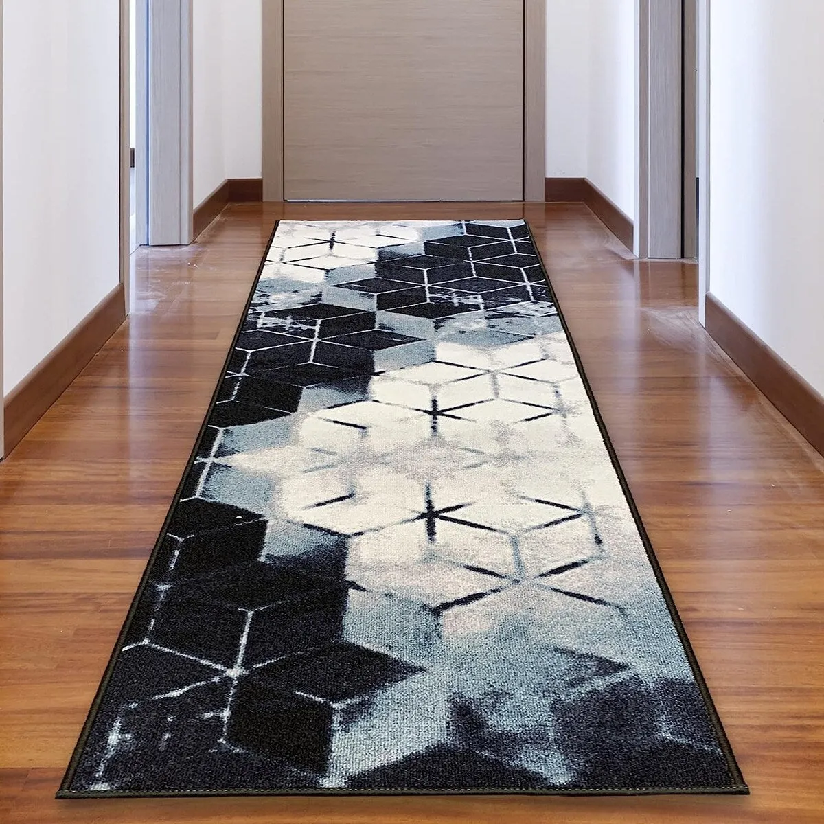 Custom Size Cubes Abstract Design Blue.Beige Color Non-Slip Rubber Backing-26 Inch WidexYour Choice of Length Runner Rug