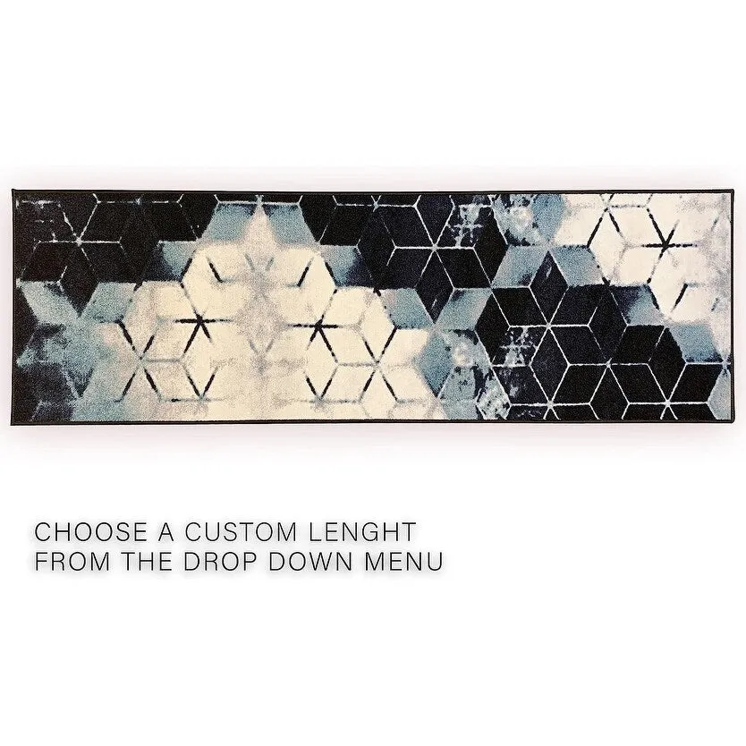 Custom Size Cubes Abstract Design Blue.Beige Color Non-Slip Rubber Backing-26 Inch WidexYour Choice of Length Runner Rug