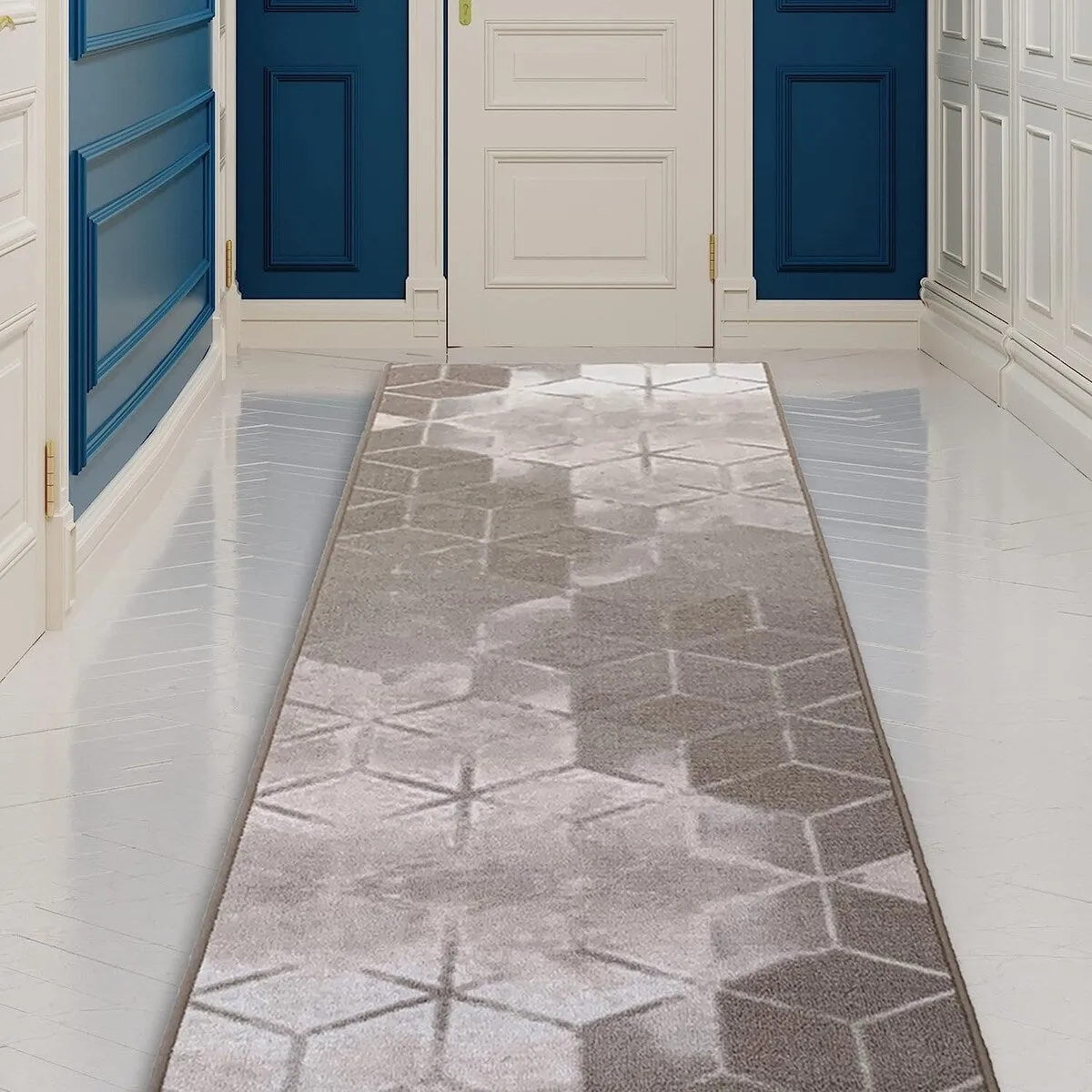 Custom Size Cubes Abstract Design Blue.Beige Color Non-Slip Rubber Backing-26 Inch WidexYour Choice of Length Runner Rug
