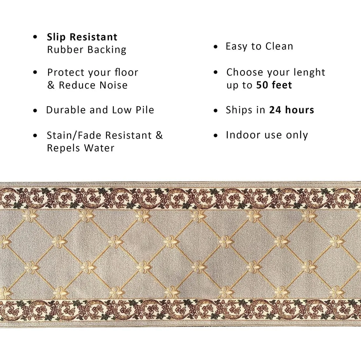 Custom Size Fleur De Lis 31 Inch Wide Non-Slip Stair Runner Rug