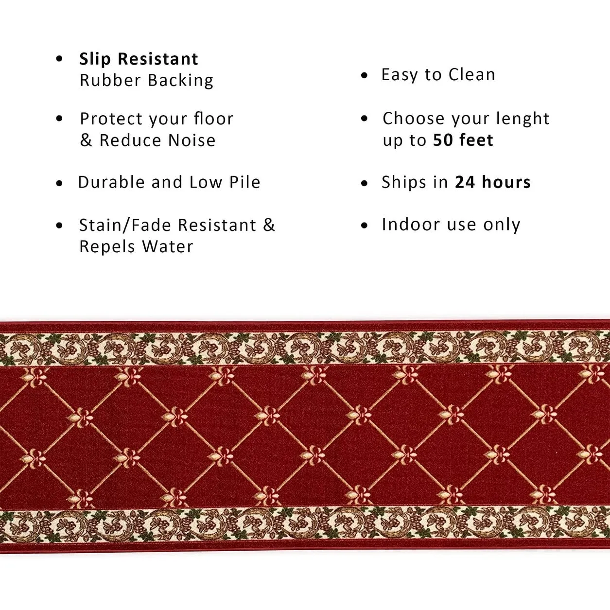 Custom Size Fleur De Lis 31 Inch Wide Non-Slip Stair Runner Rug