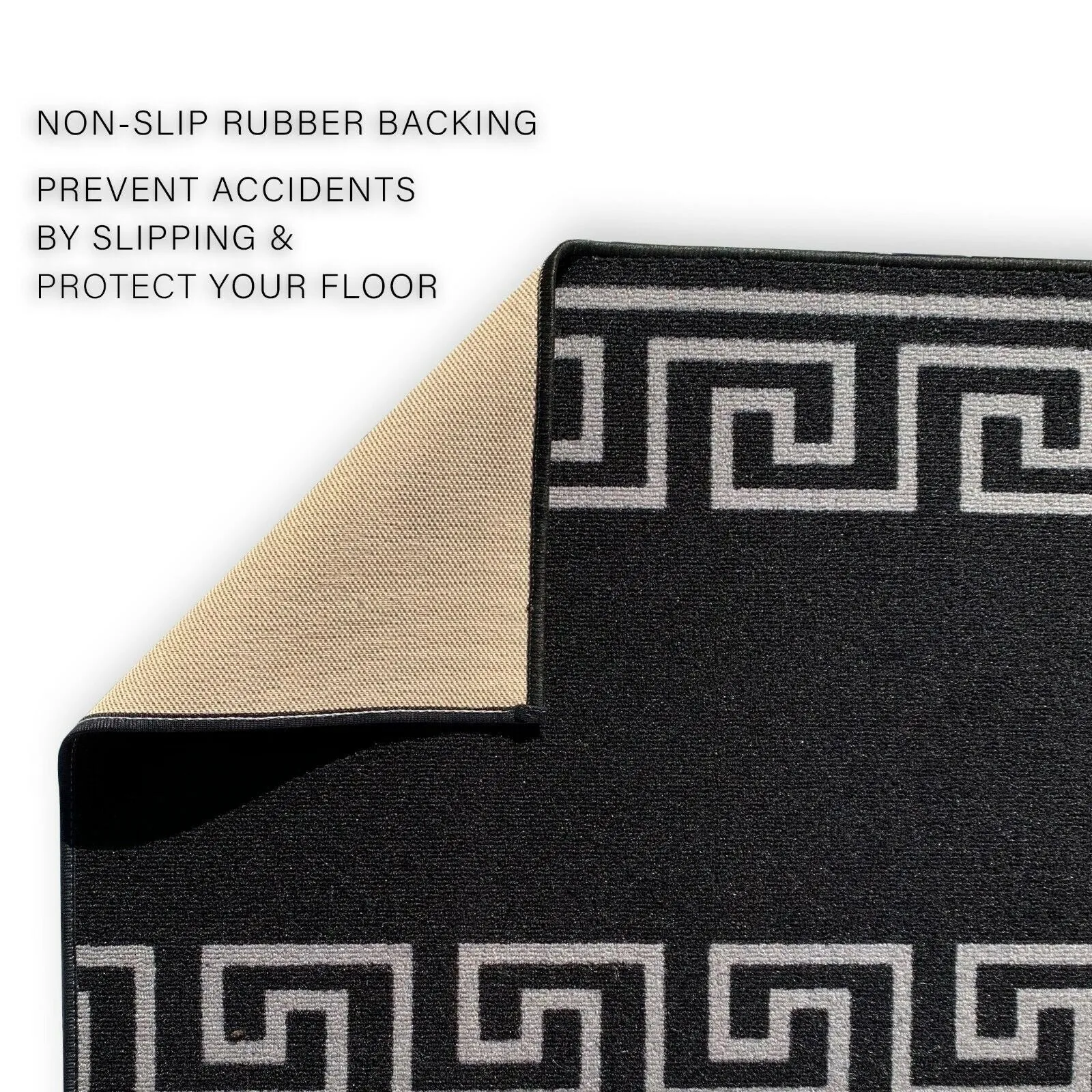 Custom Size Greek Key Design BlackGold.BlackSilver Color Non-Slip Rubber Backing- 31 Inch WidexYour Choice of Length Runner Rug