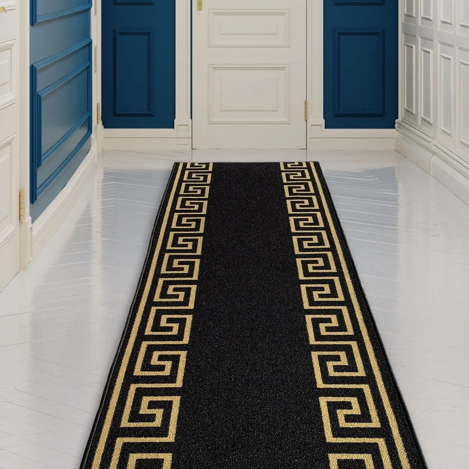 Custom Size Greek Key Design BlackGold.BlackSilver Color Non-Slip Rubber Backing- 31 Inch WidexYour Choice of Length Runner Rug