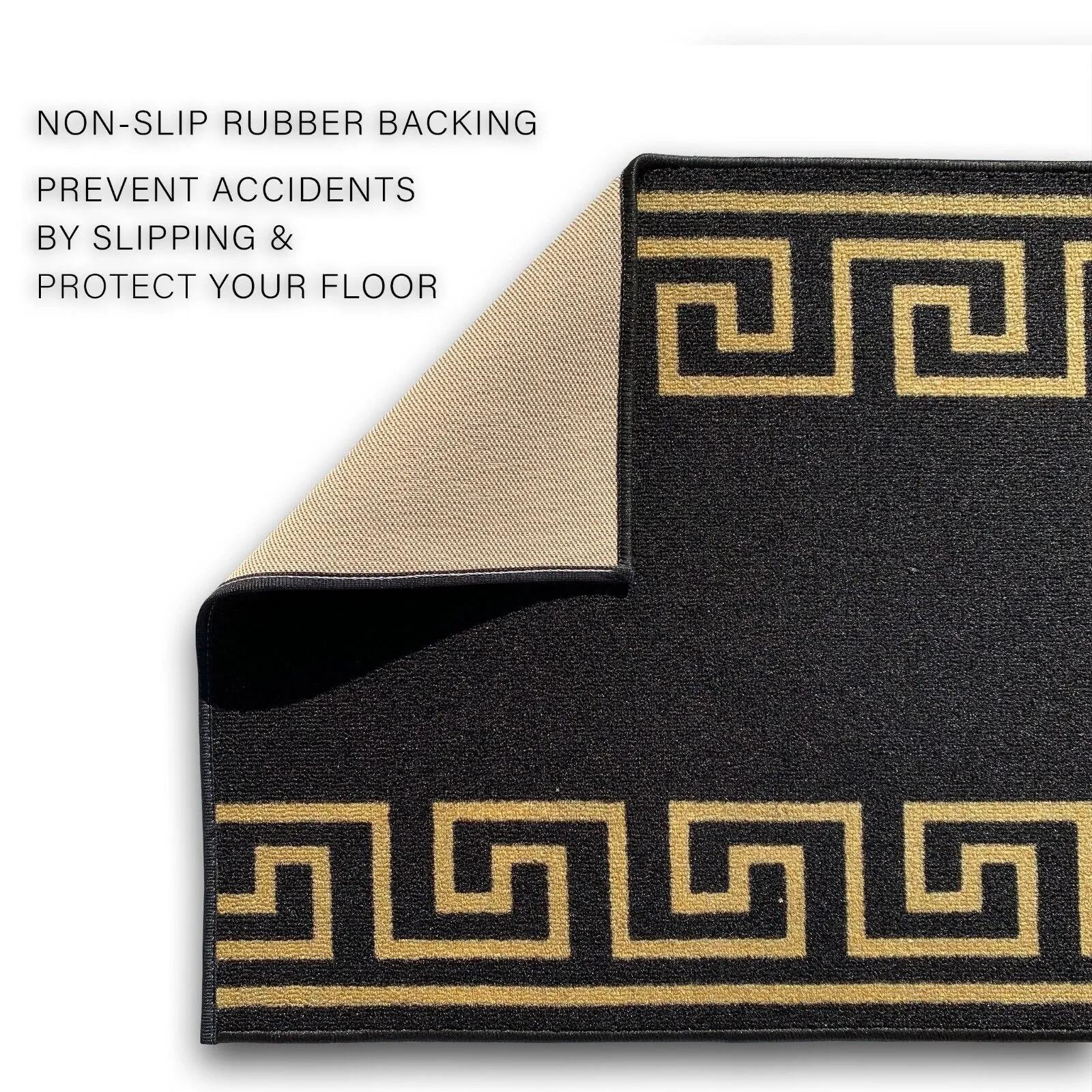 Custom Size Greek Key Design BlackGold.BlackSilver Color Non-Slip Rubber Backing- 31 Inch WidexYour Choice of Length Runner Rug